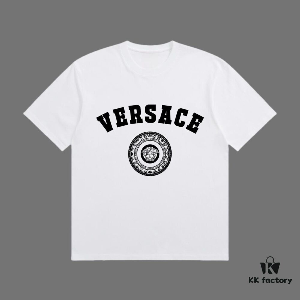 High-End Quality VERSACE 2025 Fall Spring Collection Medusa Logo Short-Sleeve T-Shirt, Distinct from Regular Prints, Crafted in Custom-Woven 270G 32-Count Double-Yarn Pure Cotton Fabric, Relaxed Fit Unisex Design