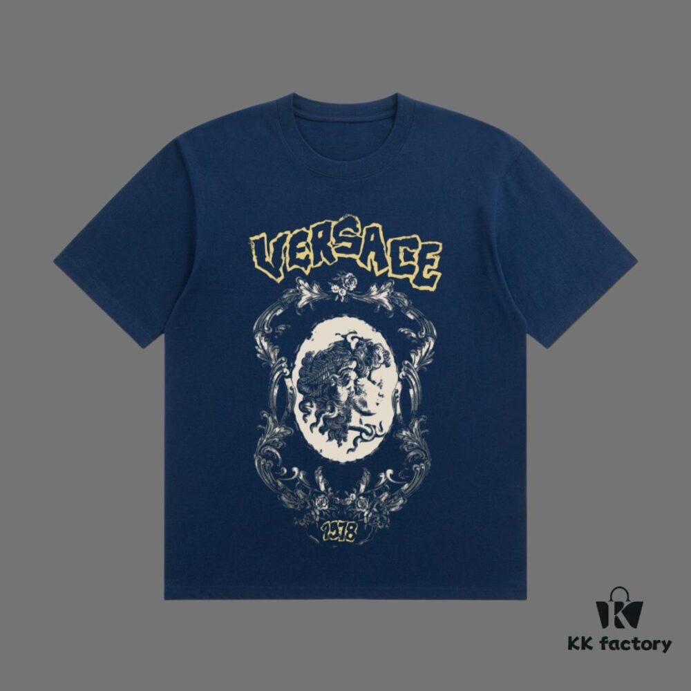 VERSACE 2025 Fall Spring/Summer Collection Medusa Logo Short Sleeve T-Shirt Premium Quality, Custom Woven 270G 32-Count Double-Yarn Pure Cotton Fabric, Relaxed Fit Unisex Design
