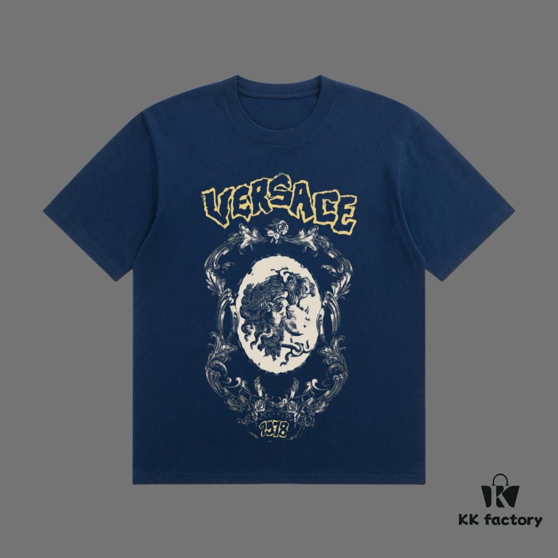 VERSACE 2025 Fall Spring/Summer Collection Medusa Logo Short Sleeve T-Shirt Premium Quality, Custom Woven 270G 32-Count Double-Yarn Pure Cotton Fabric, Relaxed Fit Unisex Design