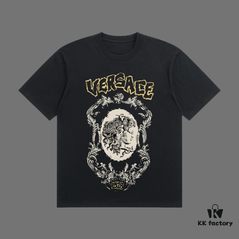 VERSACE 2025 Fall Spring/Summer Collection Medusa Logo Short Sleeve T-Shirt, Premium Quality, Custom Woven 270G 32-Count Double-Yarn Pure Cotton Fabric, Relaxed Fit Unisex Design