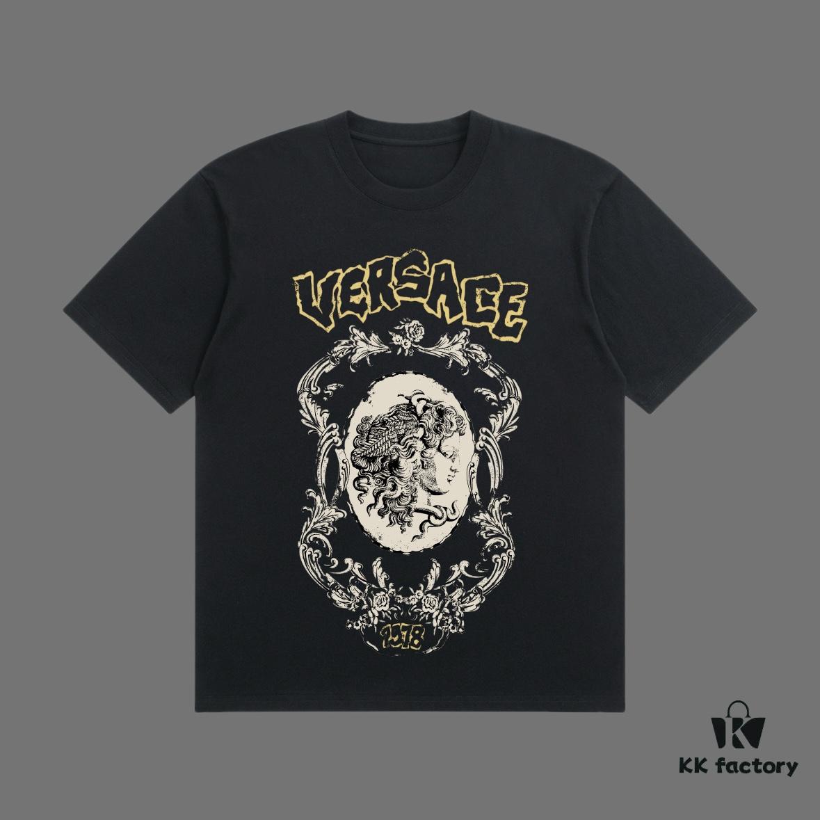 VERSACE 2025 Fall Spring/Summer Collection Medusa Logo Short Sleeve T-Shirt, Premium Quality, Custom Woven 270G 32-Count Double-Yarn Pure Cotton Fabric, Relaxed Fit Unisex Design