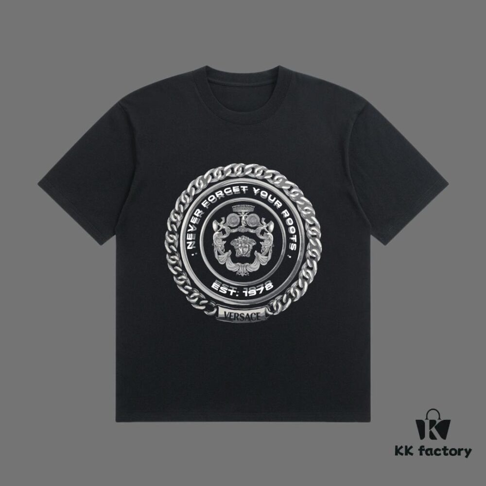 VERSACE 2025 Fall Spring/Summer Collection Metal Medusa Logo Short Sleeve T-Shirt, Premium 270G 32-Count Double-Yarn Cotton Fabric, Relaxed Fit Unisex Design