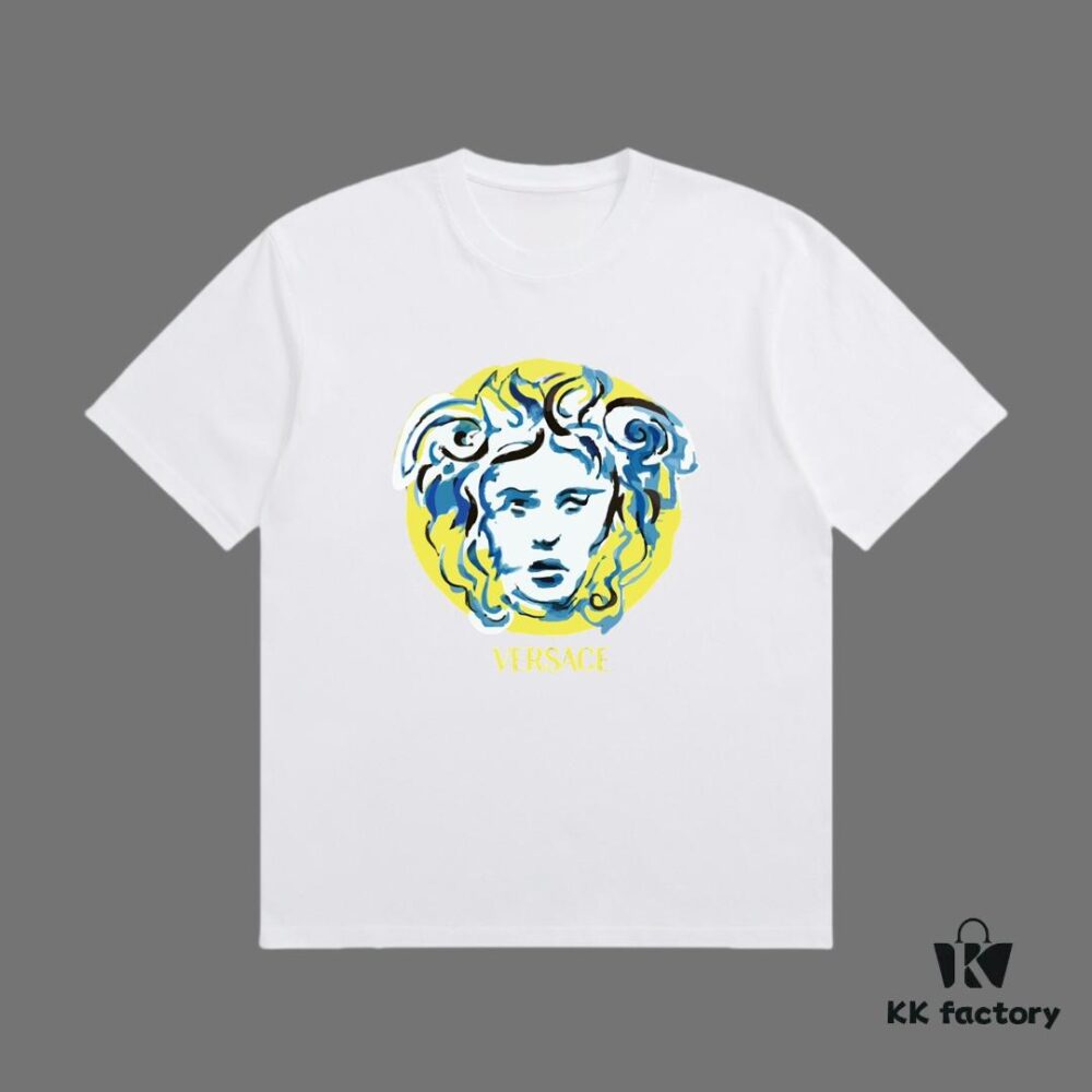 High-End Quality VERSACE 2025 Fall Spring/Summer Collection Colorful Medusa Head Short-Sleeve T-Shirt, Premium Custom-Woven 270G 32-Count Double-Yarn Pure Cotton Fabric, Distinct from Ordinary Prints, Loose Fit Unisex Design