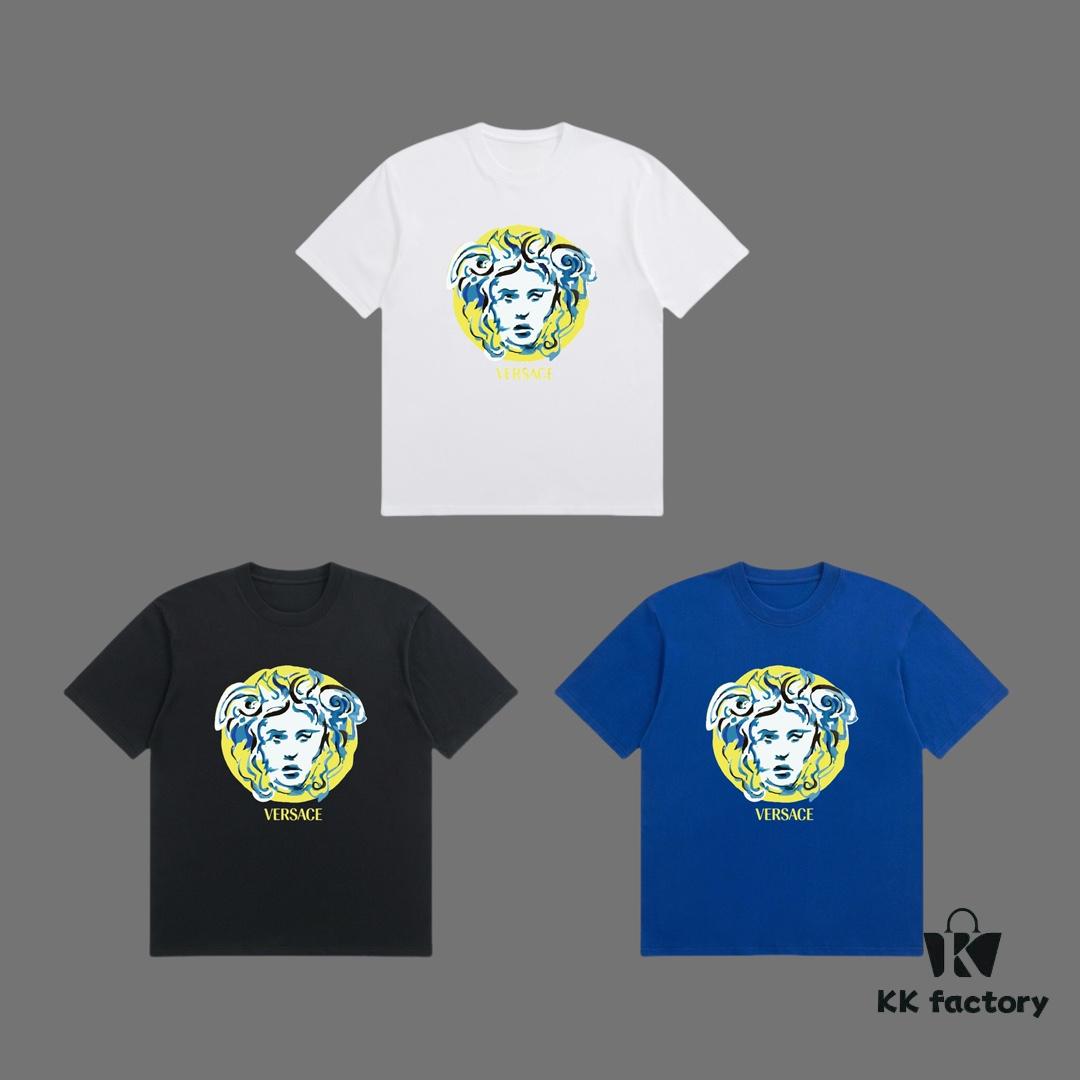 High-End Quality VERSACE 2025 Fall Spring/Summer Collection Colorful Medusa Head Short-Sleeve T-Shirt, Premium 270G 32-Count Double-Yarn Pure Cotton Fabric, Distinct from Regular Prints, Relaxed Unisex Fit