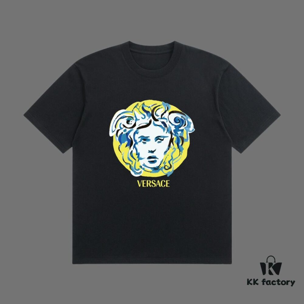 High-End Quality VERSACE 2025 Fall Spring/Summer Collection Colorful Medusa Head Short-Sleeve T-Shirt, Premium Custom-Woven 270G 32-Count Double-Yarn Pure Cotton Fabric, Distinct from Regular Print, Relaxed Fit Unisex Design