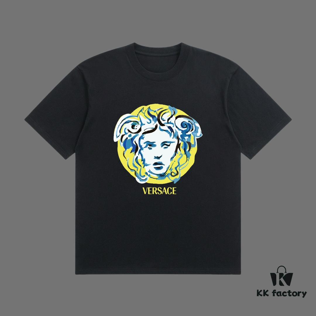 High-End Quality VERSACE 2025 Fall Spring/Summer Collection Colorful Medusa Head Short-Sleeve T-Shirt, Premium Custom-Woven 270G 32-Count Double-Yarn Pure Cotton Fabric, Distinct from Regular Print, Relaxed Fit Unisex Design