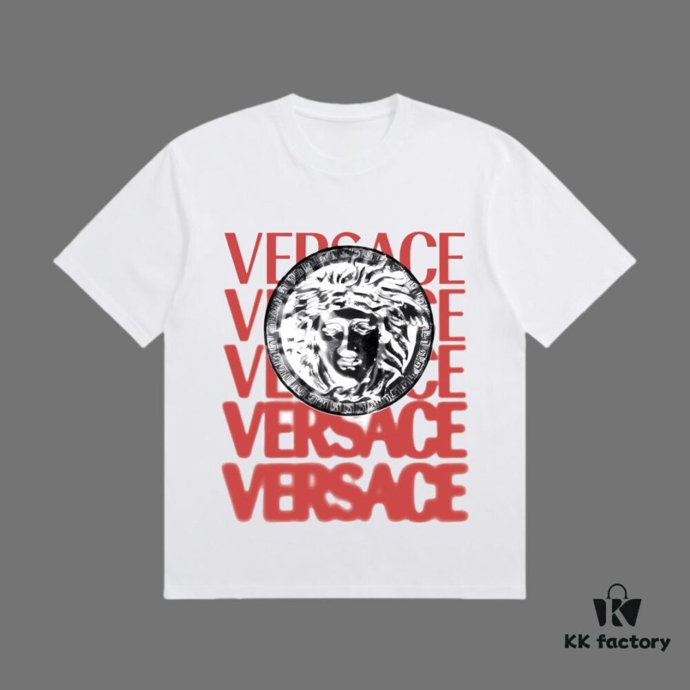 VERSACE 2025 Fall Spring/Summer Collection Medusa Logo Short Sleeve T-Shirt, Premium Quality, Custom Woven 270G 32-Count Double-Yarn Pure Cotton Fabric, Relaxed Fit Unisex Design
