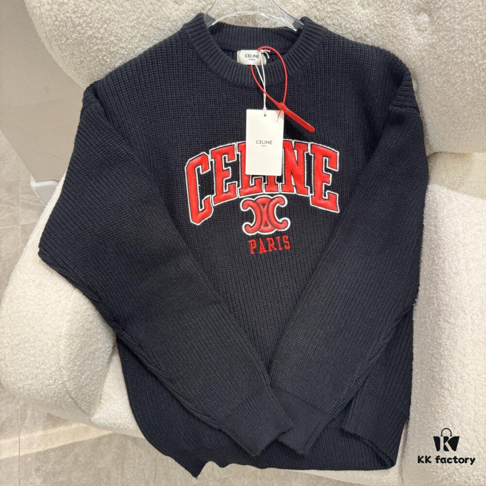 Celine Triumph Knit Long-Sleeve Sweater, Spring 2025 Collection, Embroidered Logo, Premium Yarn Wool Blend, Classic Short-Length Cut, Timeless and Flattering Fit
