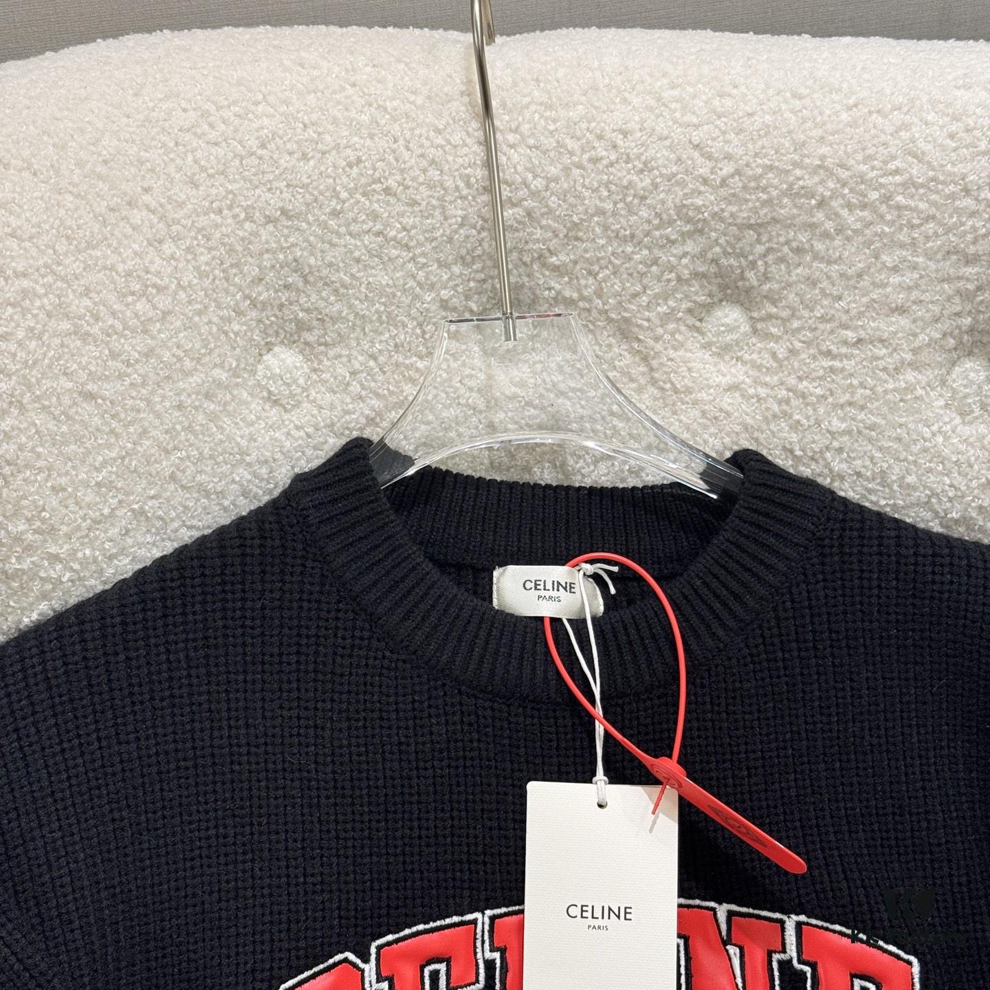 Celine Triumph Knit Long-Sleeve Sweater, Spring 2025 Collection, Embroidered Logo, Premium Yarn Wool Blend, Classic Short-Length Cut, Timeless and Flattering Fit