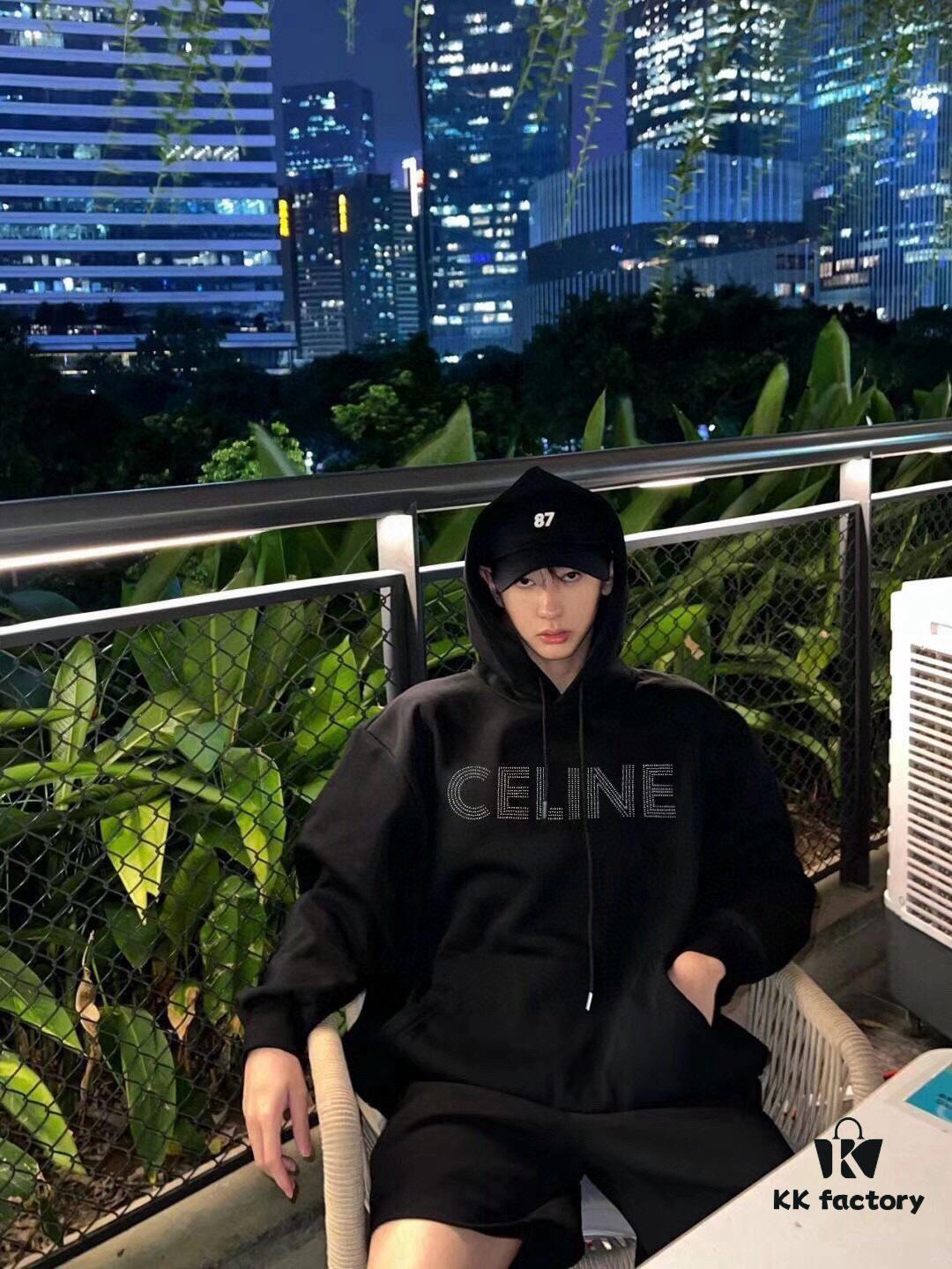 Celine 23SS Rhinestone Letter Embellished Hoodie Unisex High-End Version