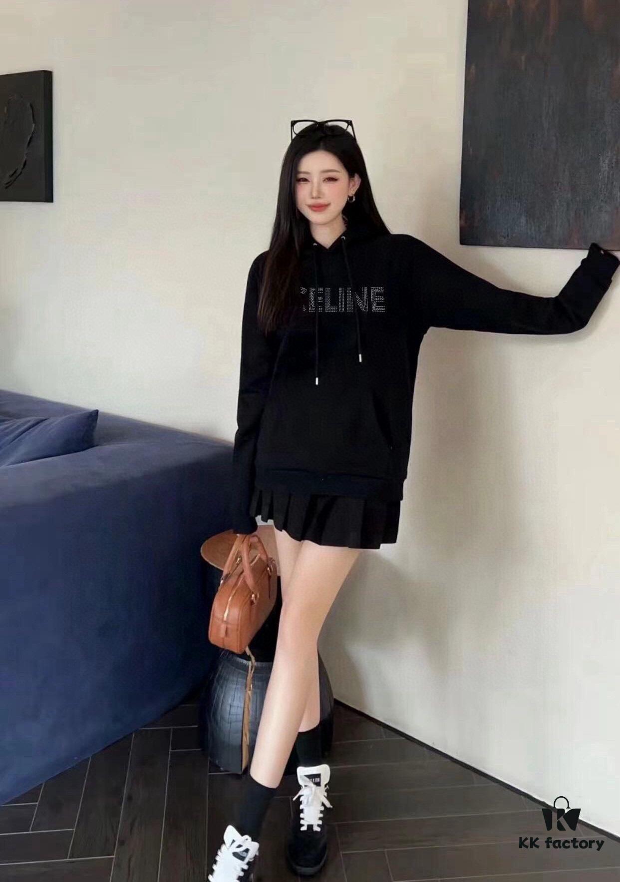 Celine 23SS Rhinestone Letter Embellished Hoodie Unisex High-End Version