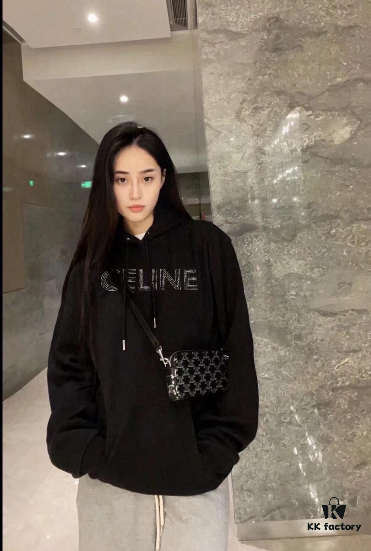 Celine 23SS Rhinestone Letter Embellished Hoodie Unisex High-End Version