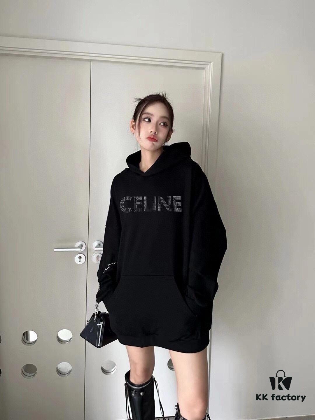 Celine 23SS Rhinestone Letter Embellished Hoodie Unisex High-End Version