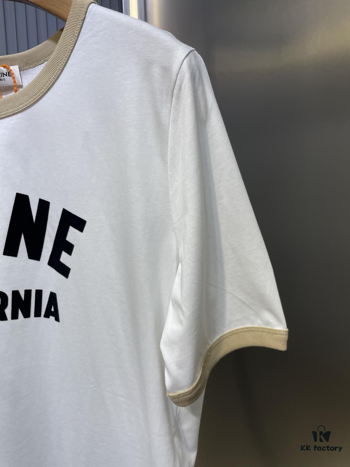 CEL2025 Spring New Arrival Round Neck Short Sleeve Printed Tee, Custom YB Twill 100% Cotton Fabric, Breathable and Comfortable with Rich Texture, Flocked Print Design, Slimming Visual Effect, Contrast Binding on Collar and Cuffs for a Playful Casual Look, Stylish as Both Outerwear and Innerwear