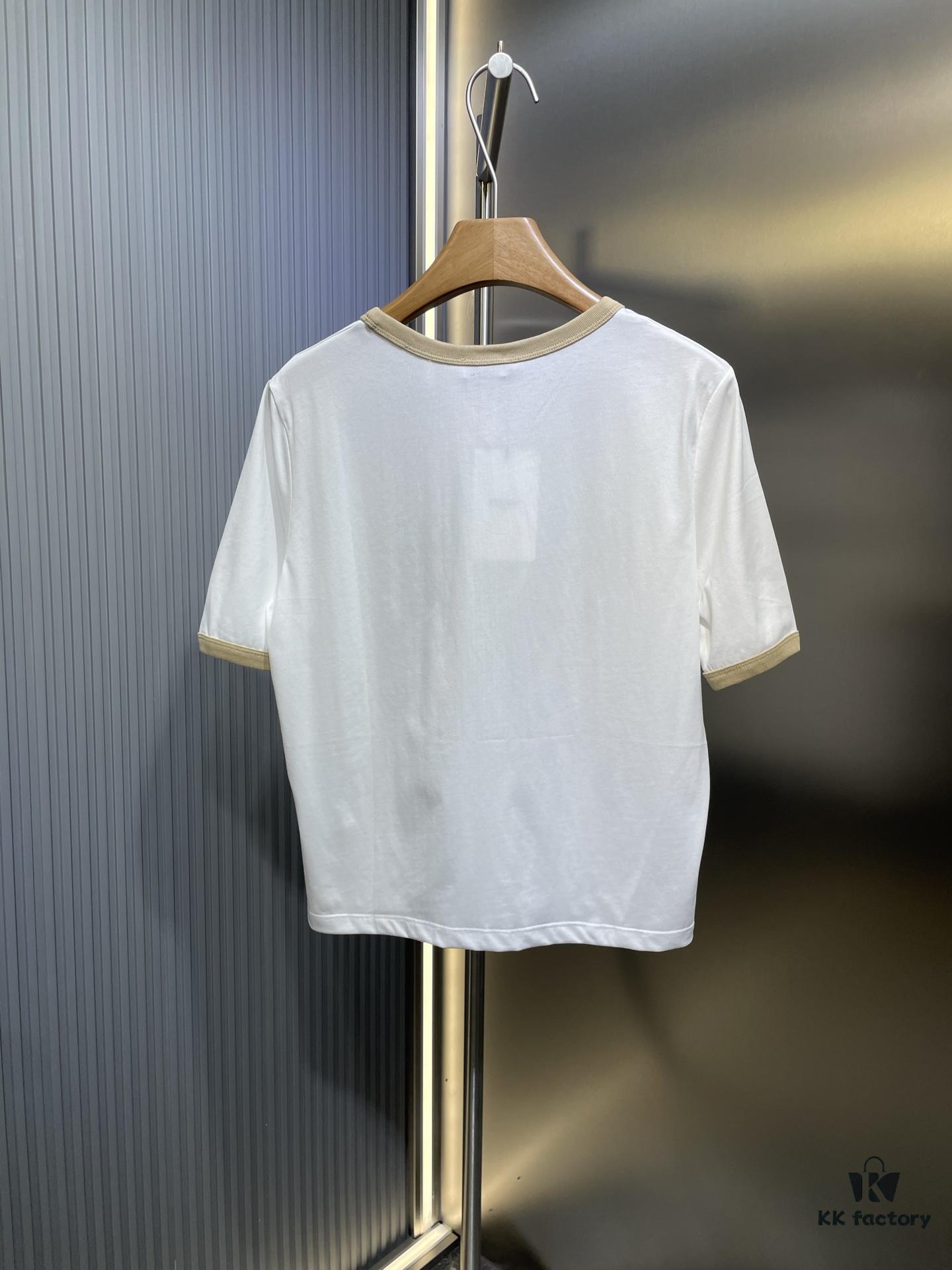 CEL2025 Spring New Arrival Round Neck Short Sleeve Printed Tee, Custom YB Twill 100% Cotton Fabric, Breathable and Comfortable with Rich Texture, Flocked Print Design, Slimming Visual Effect, Contrast Binding on Collar and Cuffs for a Playful Casual Look, Stylish as Both Outerwear and Innerwear