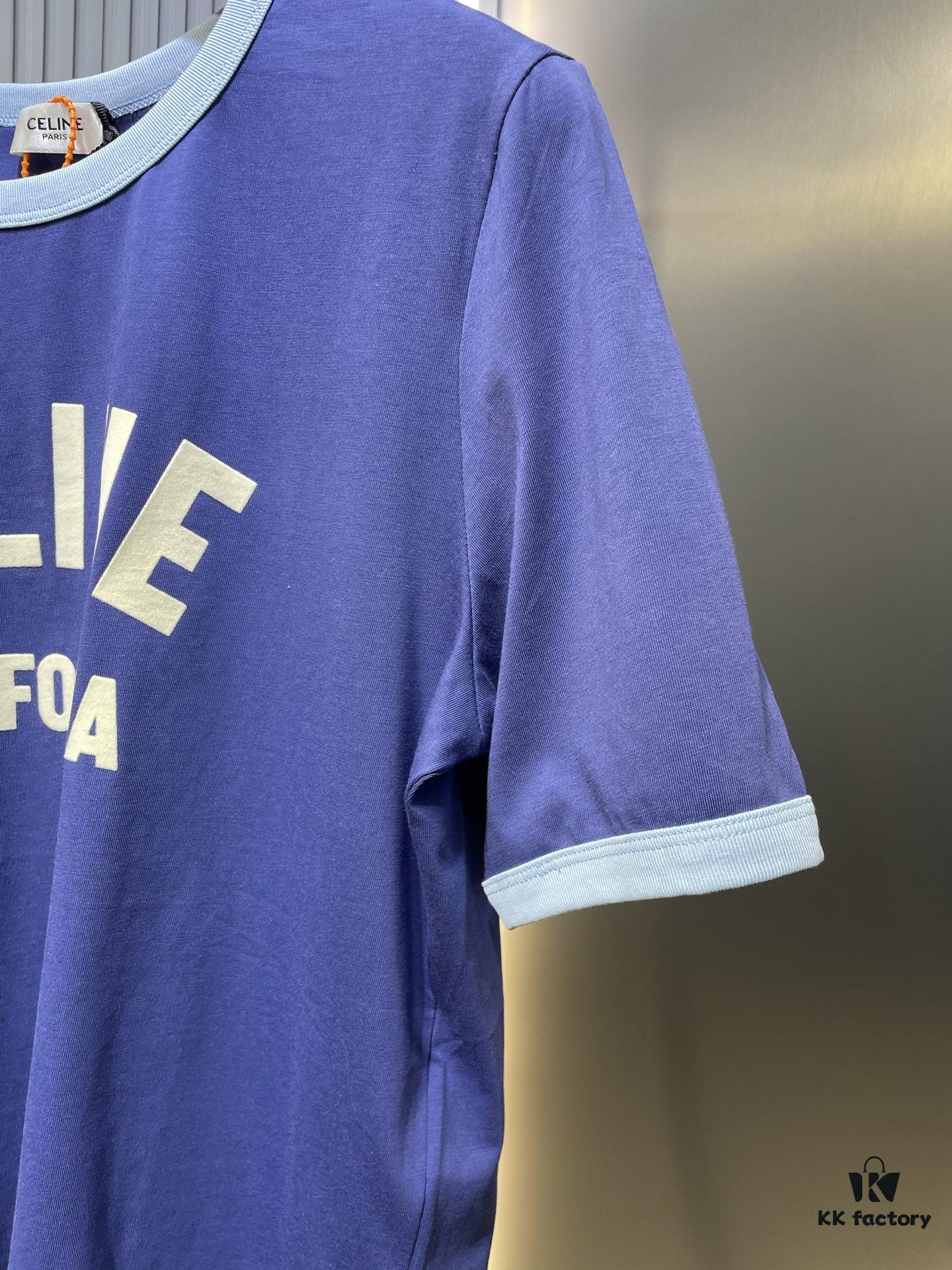 CEL2025 Spring Collection New Arrival Round Neck Short Sleeve Printed Tee, Custom YB Twill 100% Cotton Fabric, Breathable and Comfortable with Premium Texture, Flocked Print Design, Slimming Silhouette, Contrast Binding on Collar and Cuffs for a Playful Casual Look