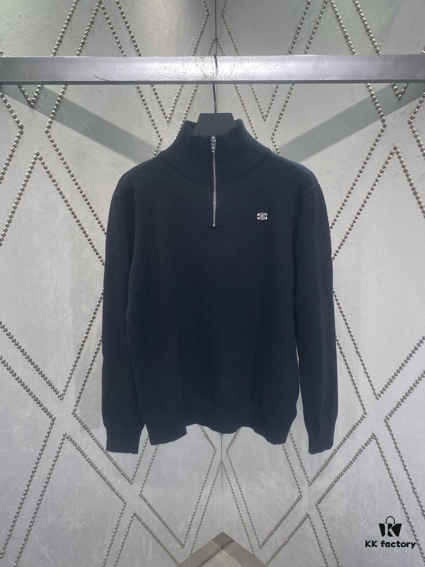 Celine 24SS Autumn-Winter New Embroidered Knitwear, Featuring Bulked Wool Blend for Soft, Comfortable Skin-Feel with Signature Triumph Arch Embroidery on Front Chest, Half-Zip Design Exudes Refined Dynamism and Effortless Elegance, Perfect for Relaxed, Comfortable Layering – Unisex Style