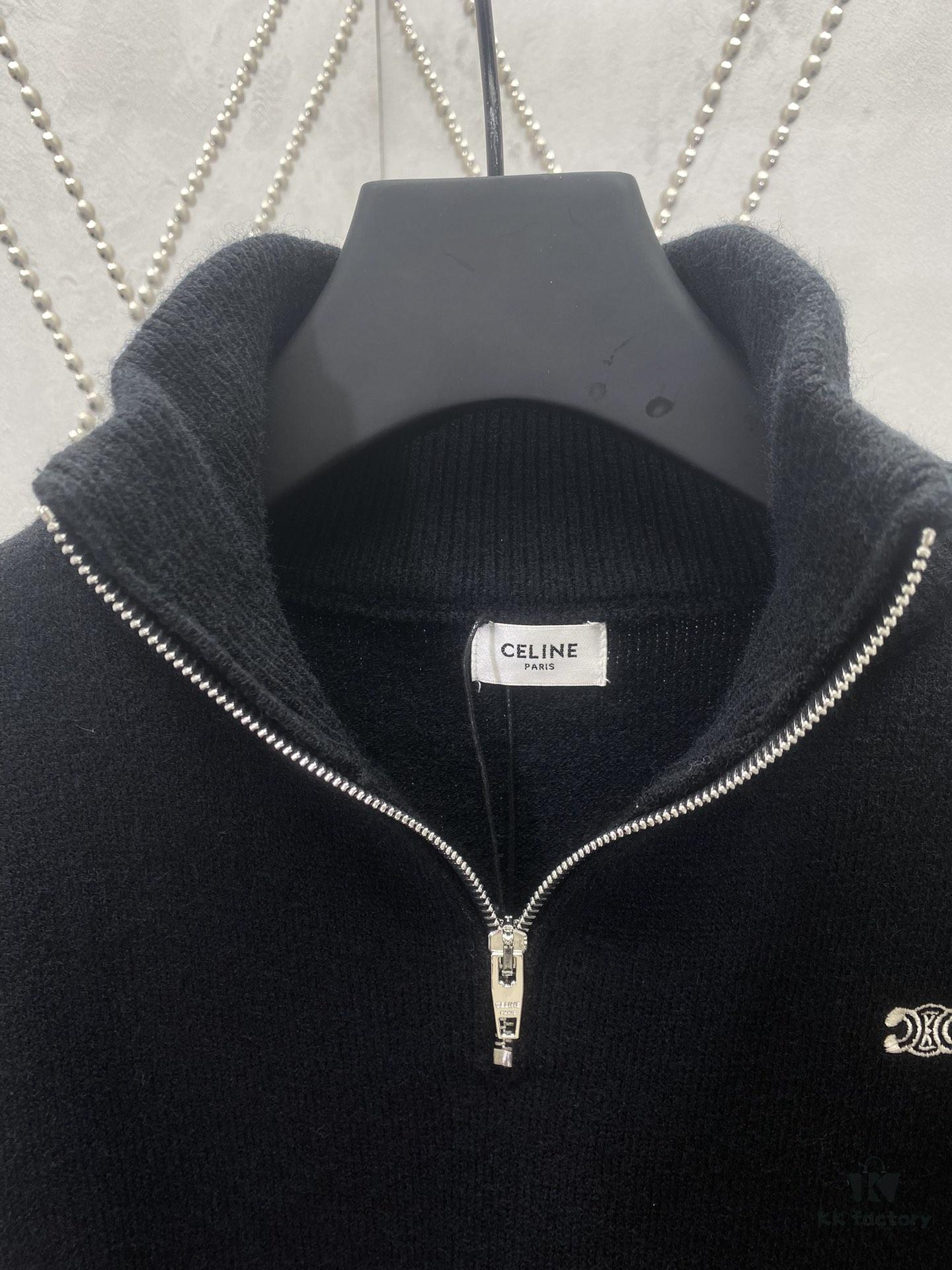 Celine 24SS Autumn-Winter New Embroidered Knitwear, Featuring Bulked Wool Blend for Soft, Comfortable Skin-Feel with Signature Triumph Arch Embroidery on Front Chest, Half-Zip Design Exudes Refined Dynamism and Effortless Elegance, Perfect for Relaxed, Comfortable Layering – Unisex Style