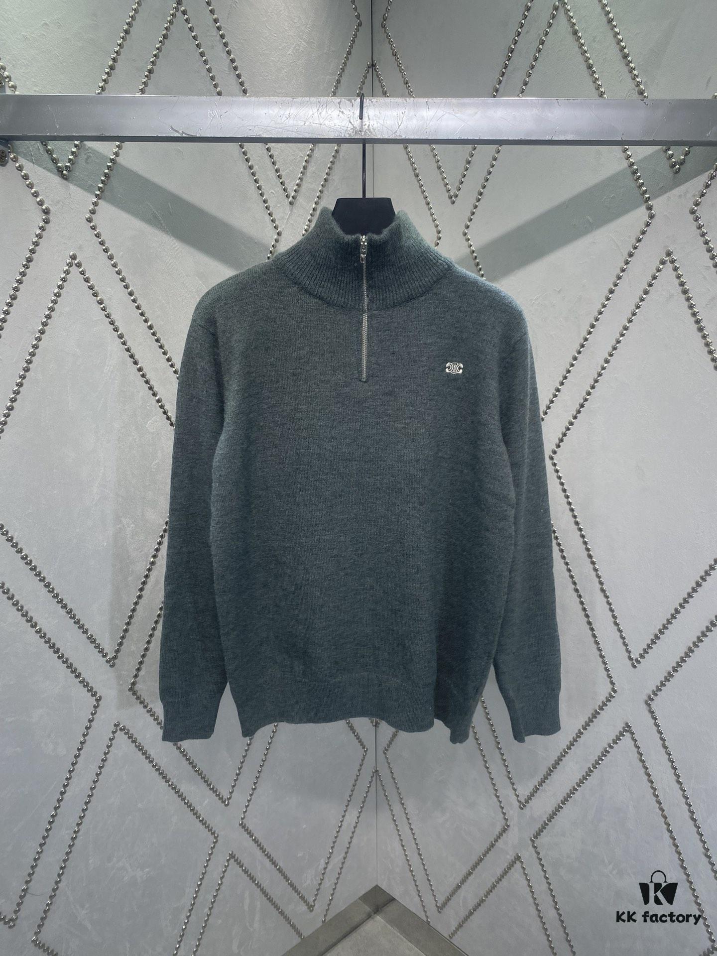 Celine 24SS Autumn-Winter New Embroidered Knitwear, Featuring Bulked Wool Blend for Soft, Comfortable Skin-Friendly Texture, Iconic Arc de Triomphe Embroidery Adorns the Front Chest, Semi-Zip Design by Celine Elevates Refined Dynamism and Relaxed Elegance, Effortlessly Achieving Casual Comfort and Cozy Nonchalance — The Ideal State of Wearing a Sweater! Unisex Style!