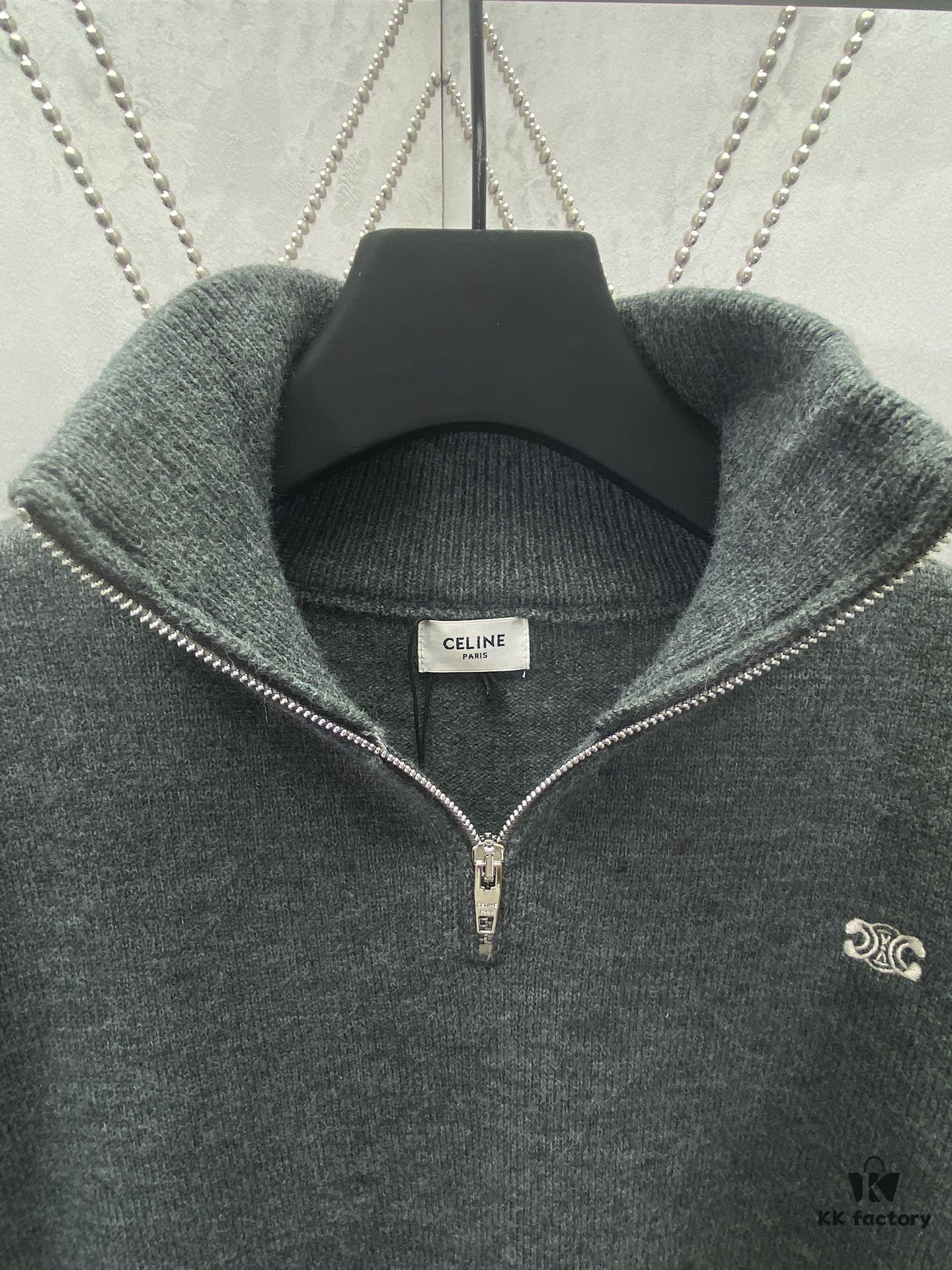 Celine 24SS Autumn-Winter New Embroidered Knitwear, Featuring Bulked Wool Blend for Soft, Comfortable Skin-Friendly Texture, Iconic Arc de Triomphe Embroidery Adorns the Front Chest, Semi-Zip Design by Celine Elevates Refined Dynamism and Relaxed Elegance, Effortlessly Achieving Casual Comfort and Cozy Nonchalance — The Ideal State of Wearing a Sweater! Unisex Style!