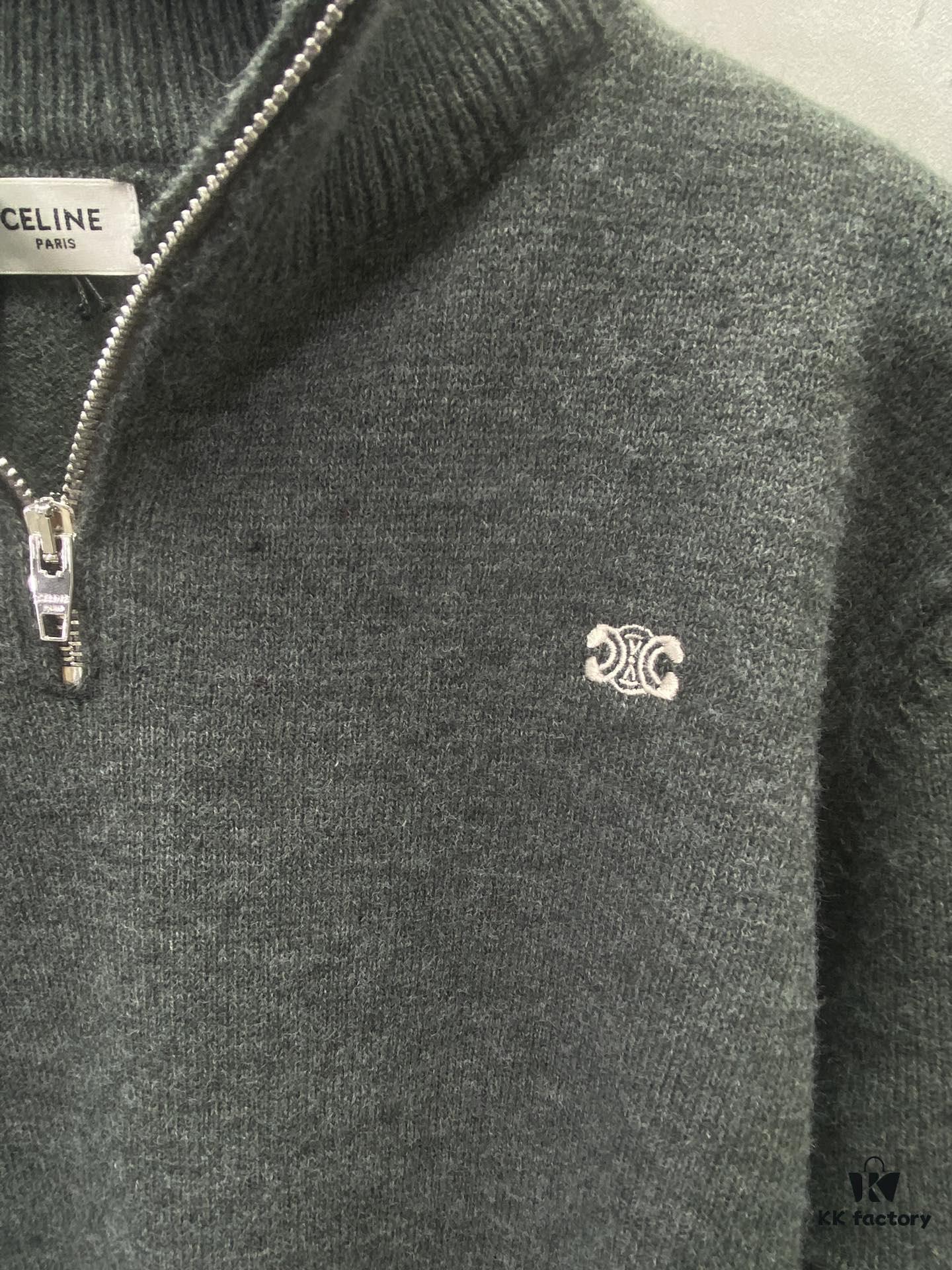 Celine 24SS Autumn-Winter New Embroidered Knitwear, Featuring Bulked Wool Blend for Soft, Comfortable Skin-Friendly Texture, Iconic Arc de Triomphe Embroidery Adorns the Front Chest, Semi-Zip Design by Celine Elevates Refined Dynamism and Relaxed Elegance, Effortlessly Achieving Casual Comfort and Cozy Nonchalance — The Ideal State of Wearing a Sweater! Unisex Style!