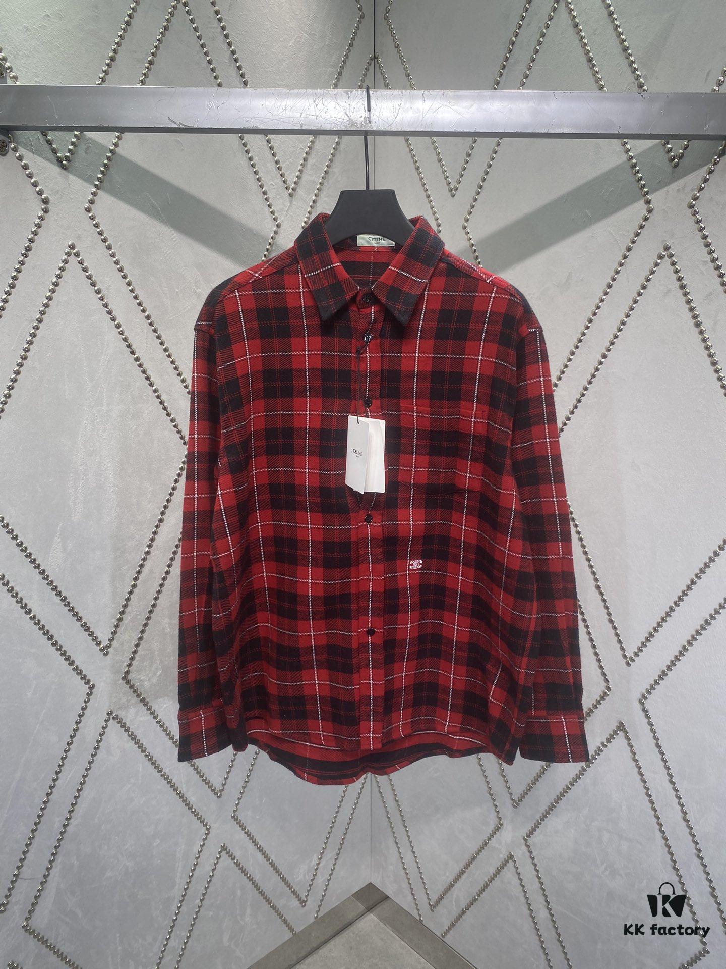 Celine 24SS Autumn New Checkered Shirt with Logo Embroidery, Unisex