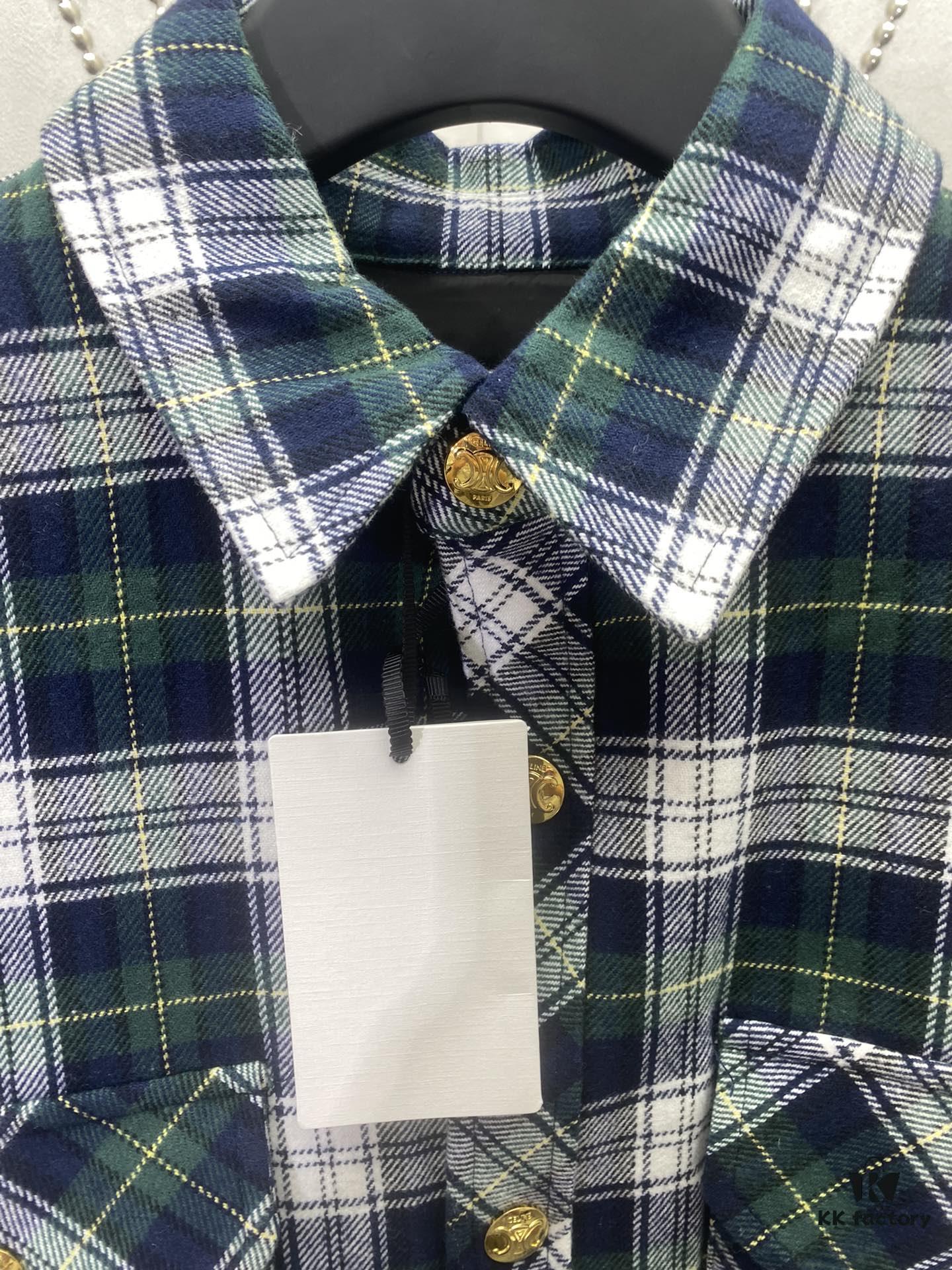 Celine 24sd Autumn-Winter Bestseller Arc de Triomphe Single-Breasted Green Plaid Tweed Coat Shirt, High-End Version