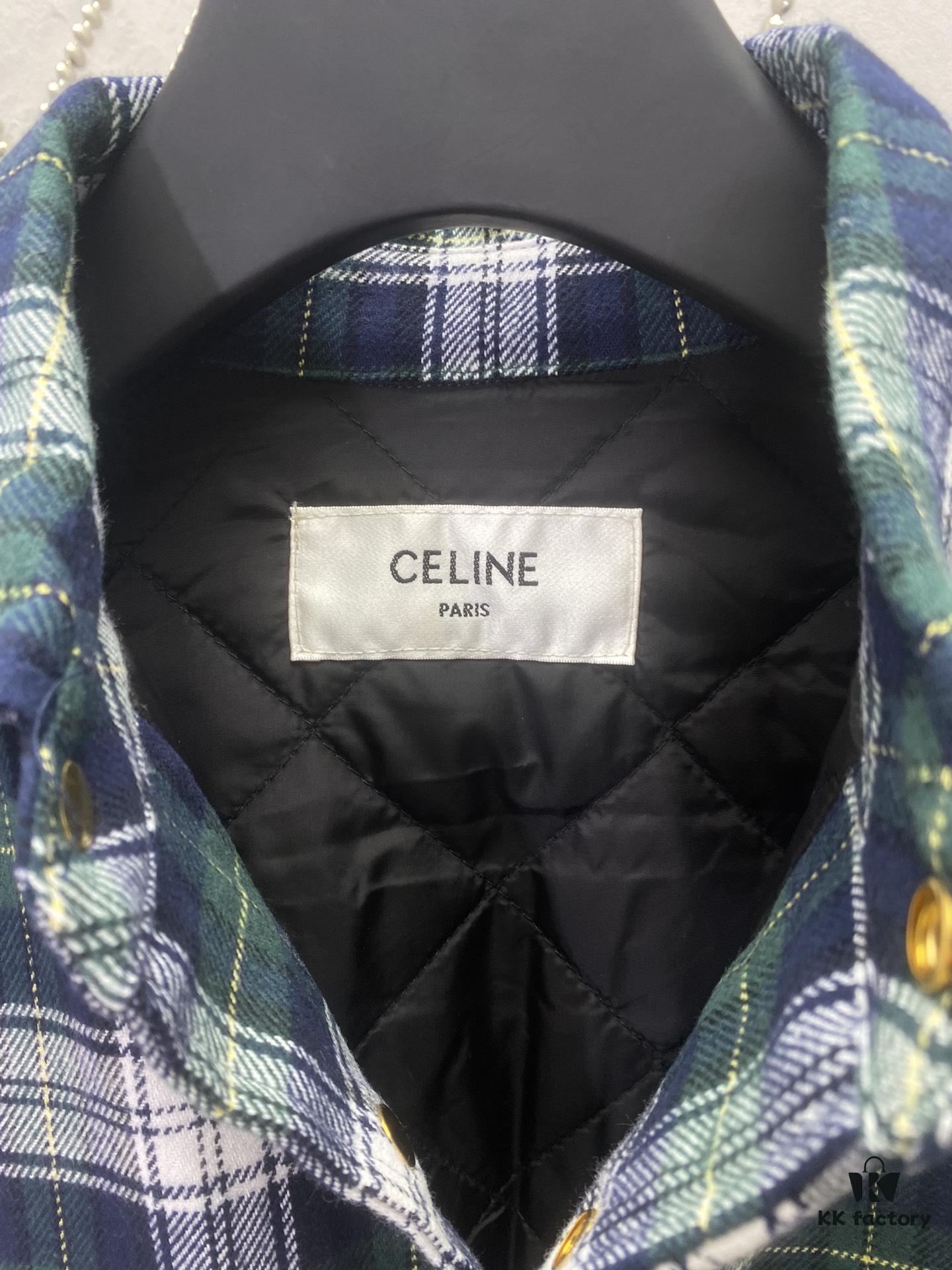 Celine 24sd Autumn-Winter Bestseller Arc de Triomphe Single-Breasted Green Plaid Tweed Coat Shirt, High-End Version
