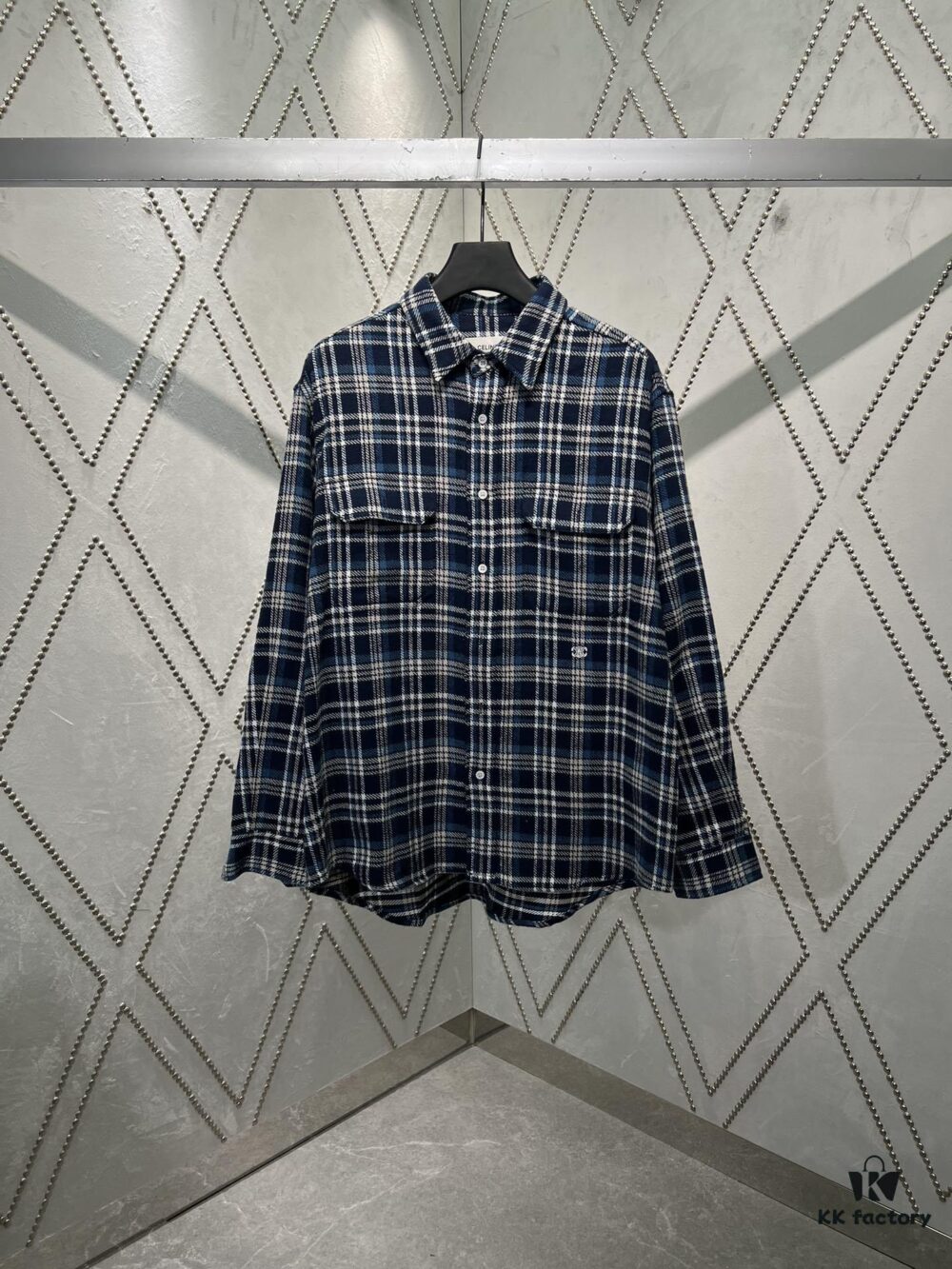 Celine 25SS New Checkered Collar Loose Long-Sleeve Shirt Navy Blue