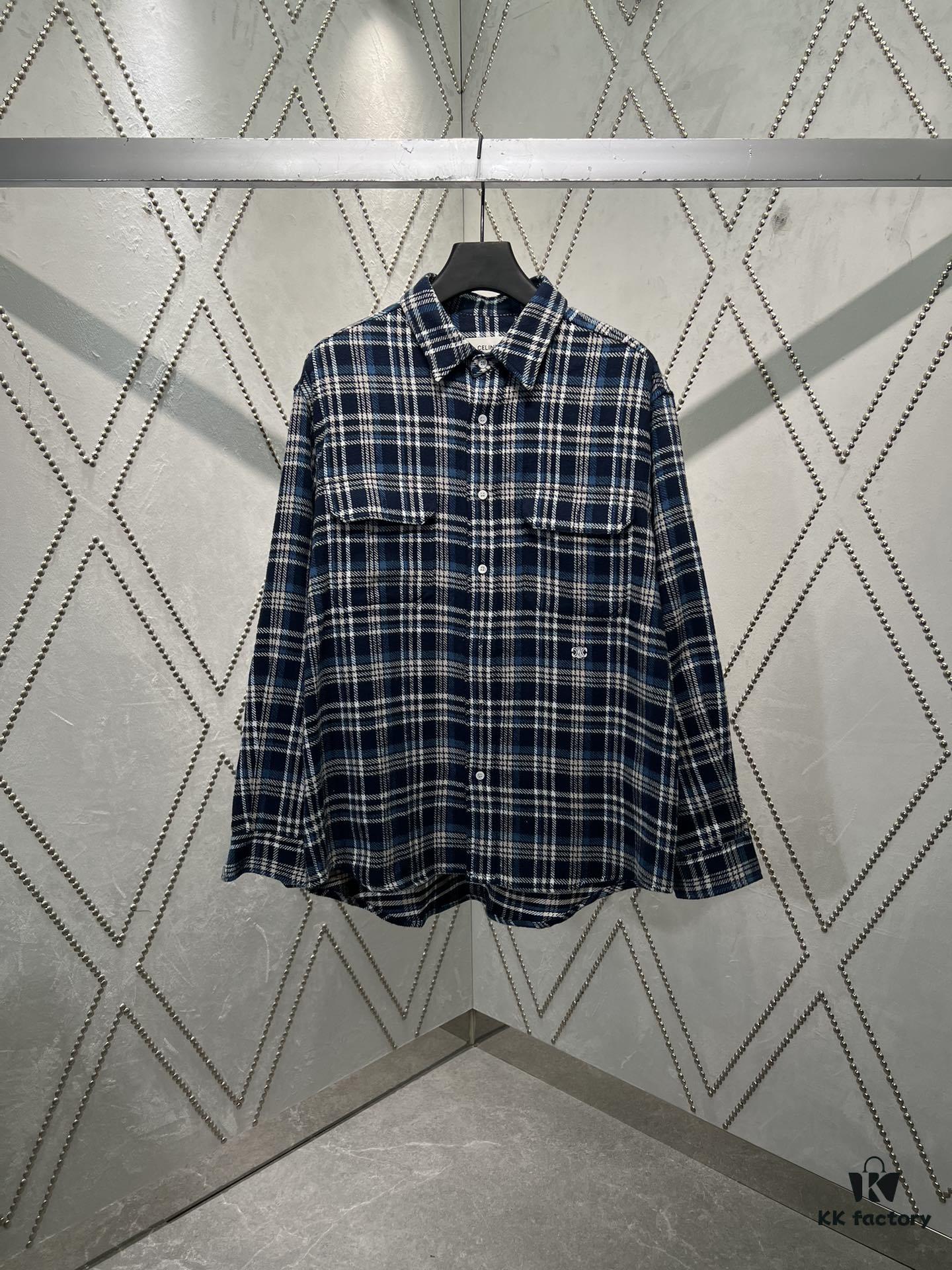 Celine 25SS New Checkered Collar Loose Long-Sleeve Shirt Navy Blue