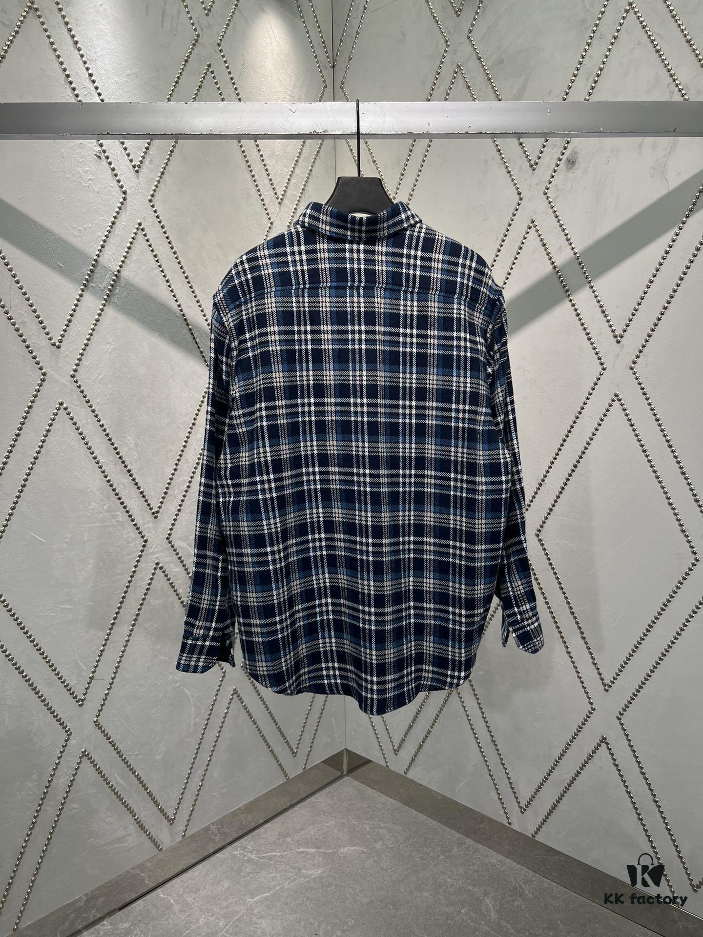Celine 25SS New Checkered Collar Loose Long-Sleeve Shirt Navy Blue