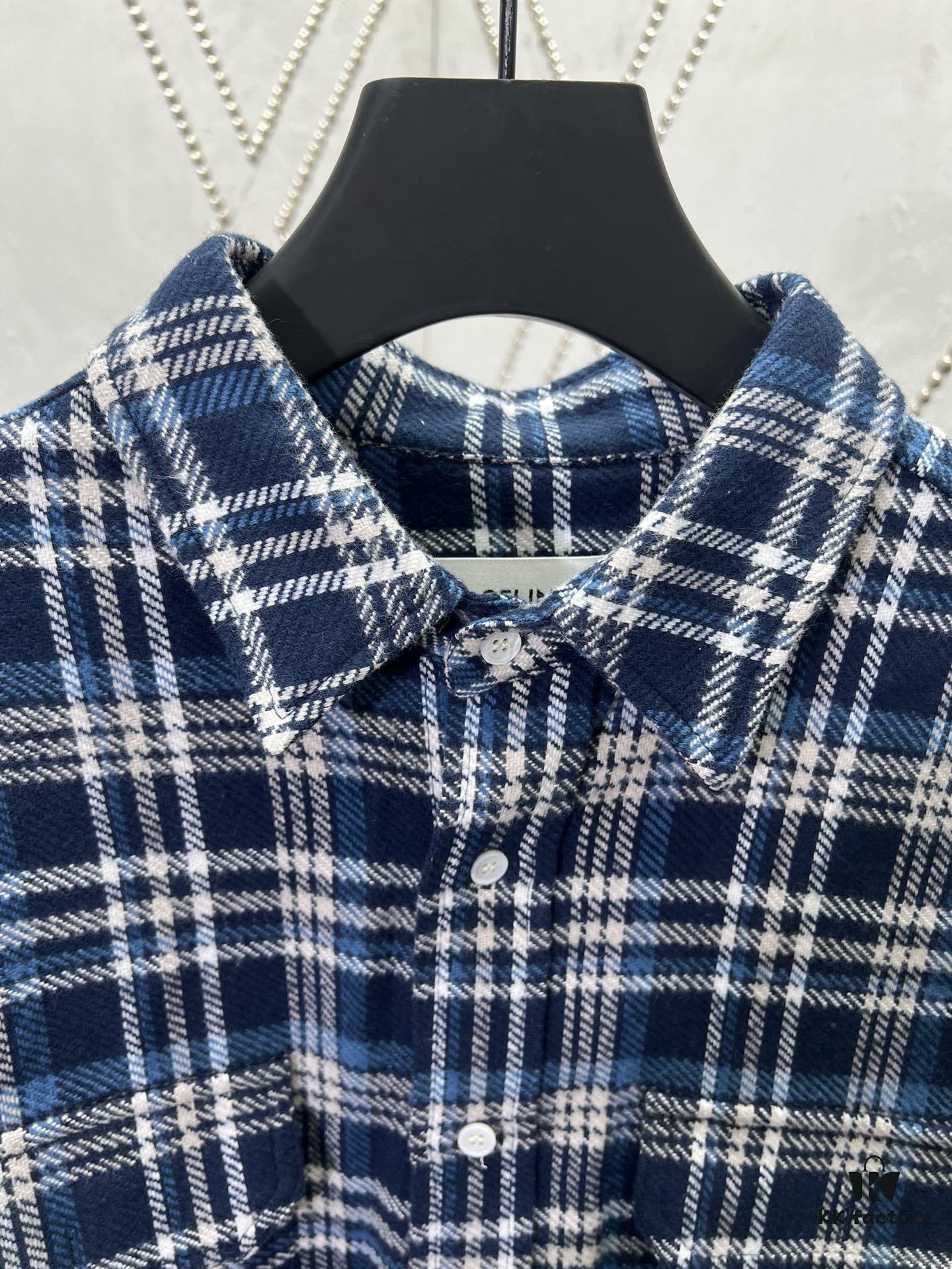 Celine 25SS New Checkered Collar Loose Long-Sleeve Shirt Navy Blue
