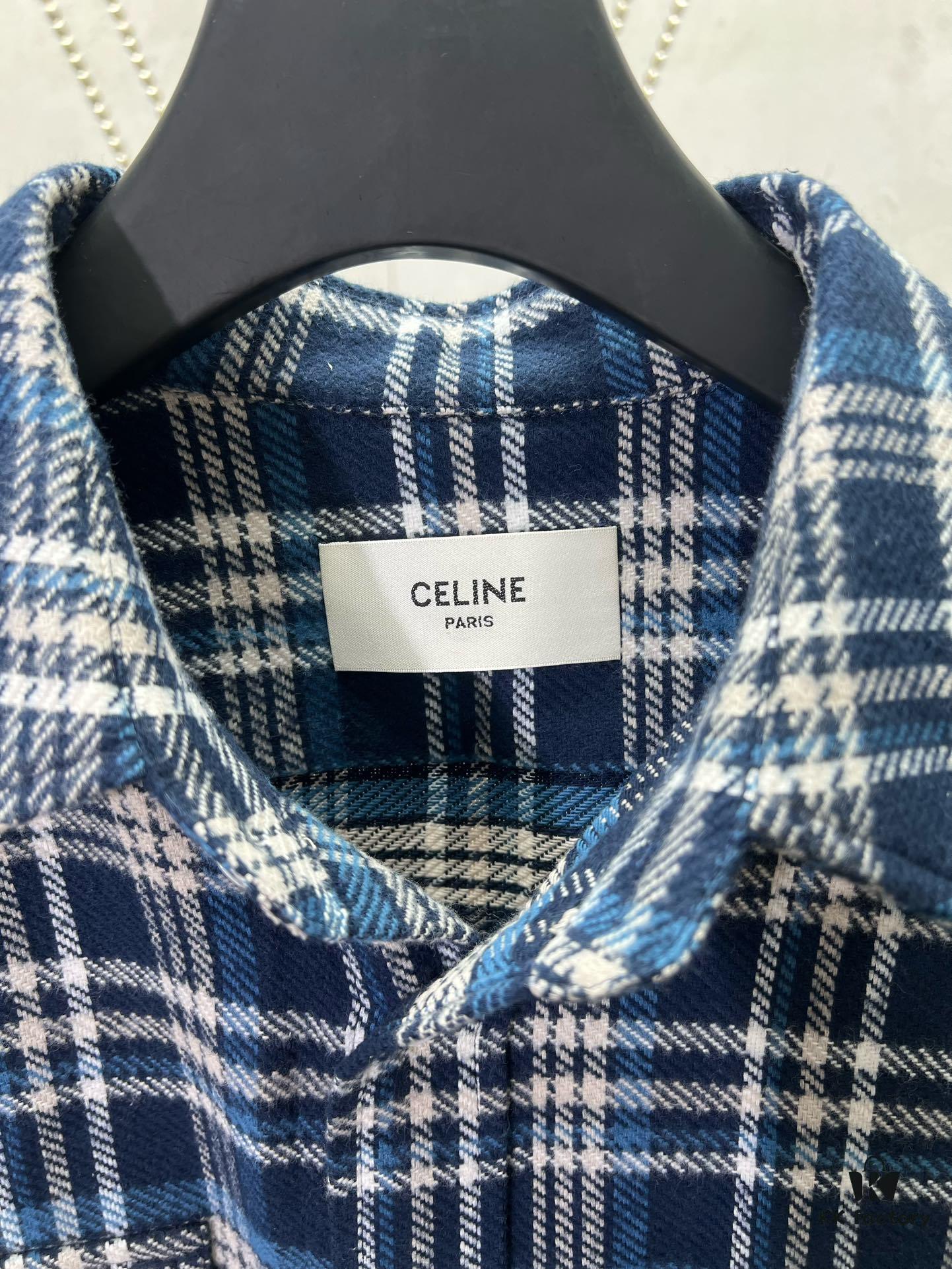 Celine 25SS New Checkered Collar Loose Long-Sleeve Shirt Navy Blue