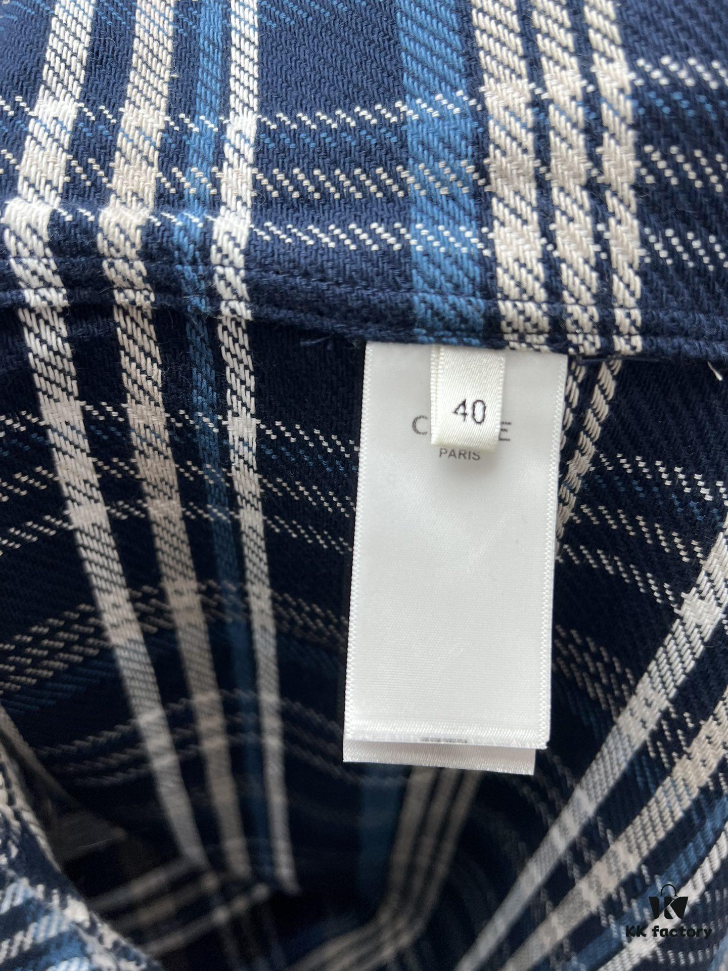 Celine 25SS New Checkered Collar Loose Long-Sleeve Shirt Navy Blue