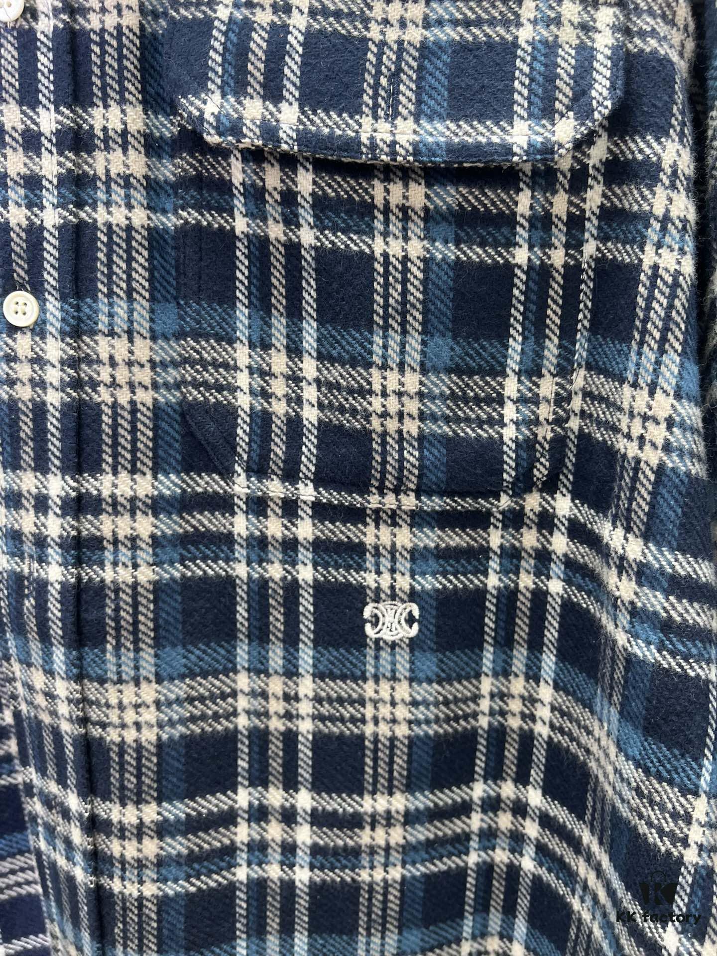 Celine 25SS New Checkered Collar Loose Long-Sleeve Shirt Navy Blue