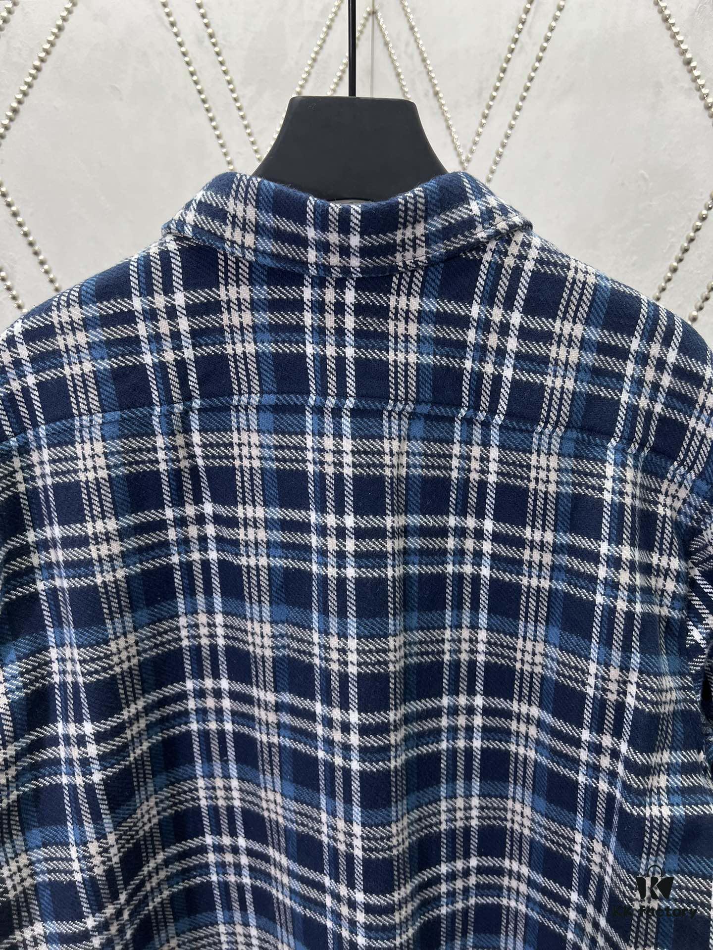 Celine 25SS New Checkered Collar Loose Long-Sleeve Shirt Navy Blue
