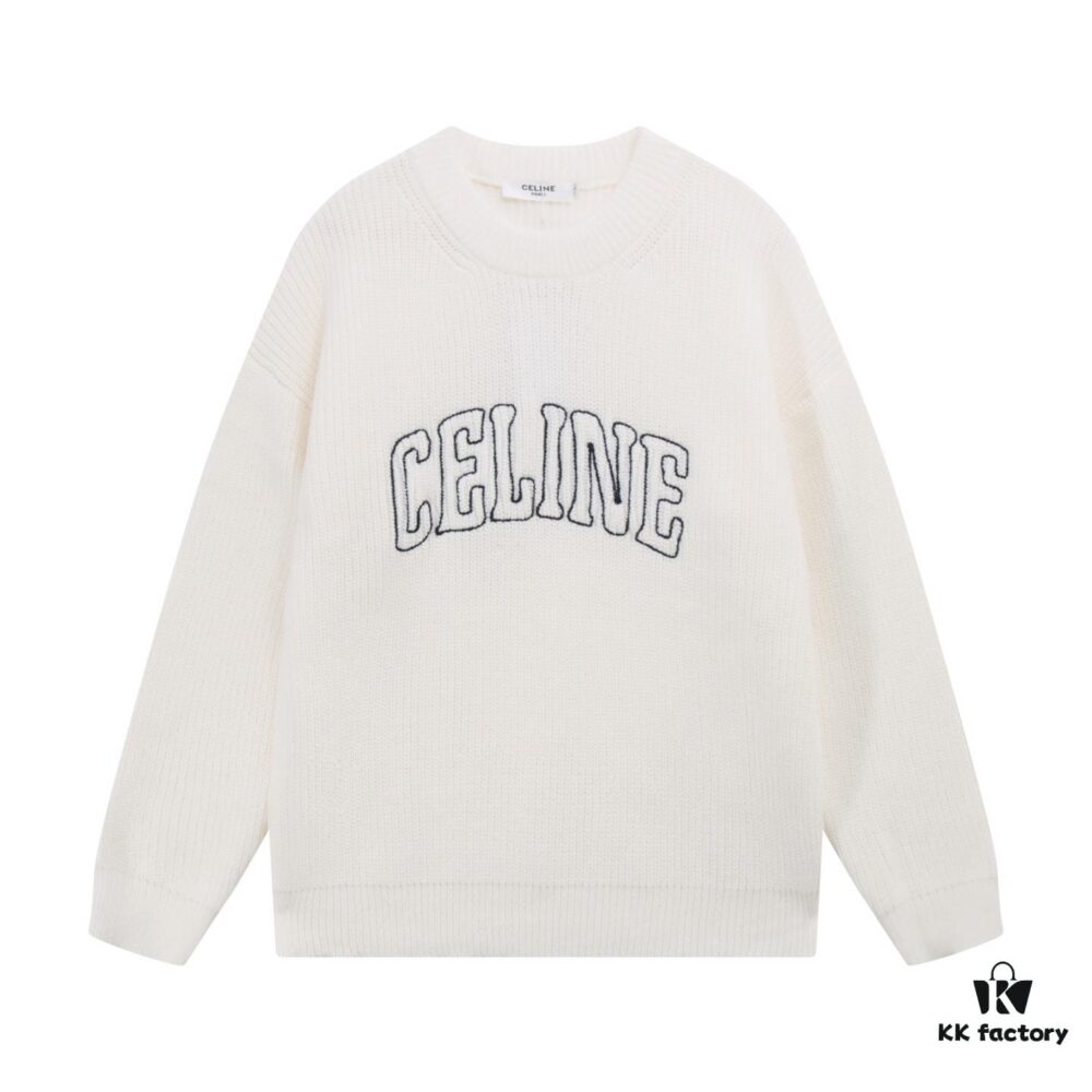 Celine Embroidered Letter Round Neck Wool Sweater