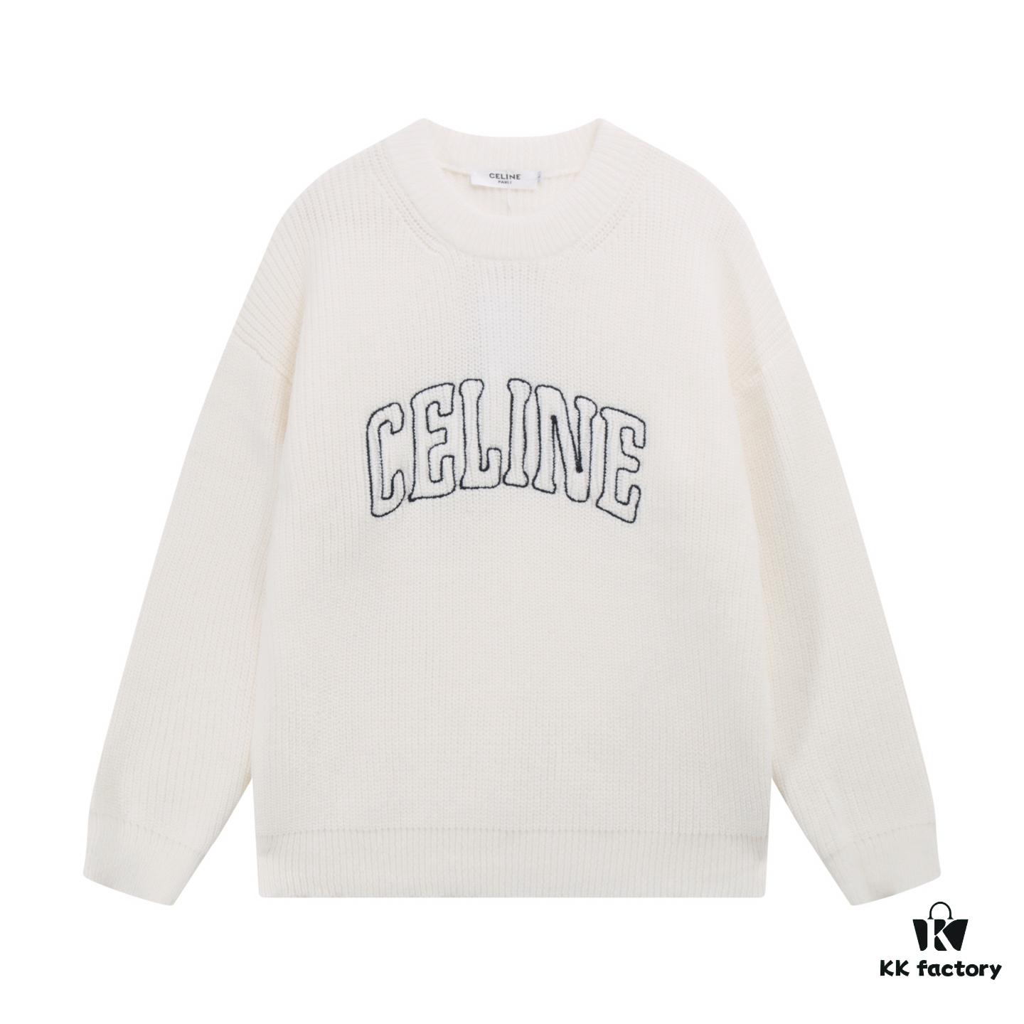 Celine Embroidered Letter Round Neck Wool Sweater