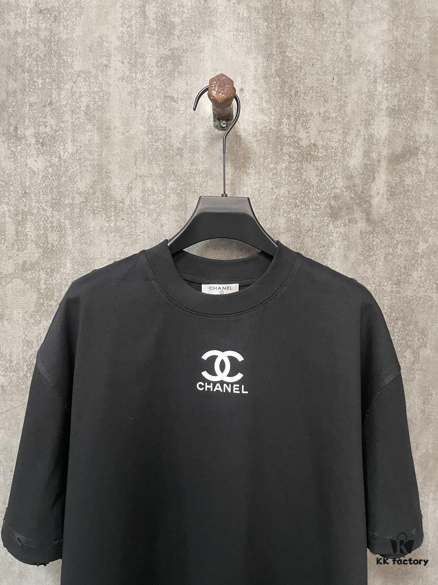 CHANEL Chanel 24SS Classic Logo Distressed Heavyweight Solid Short-Sleeve T-Shirt