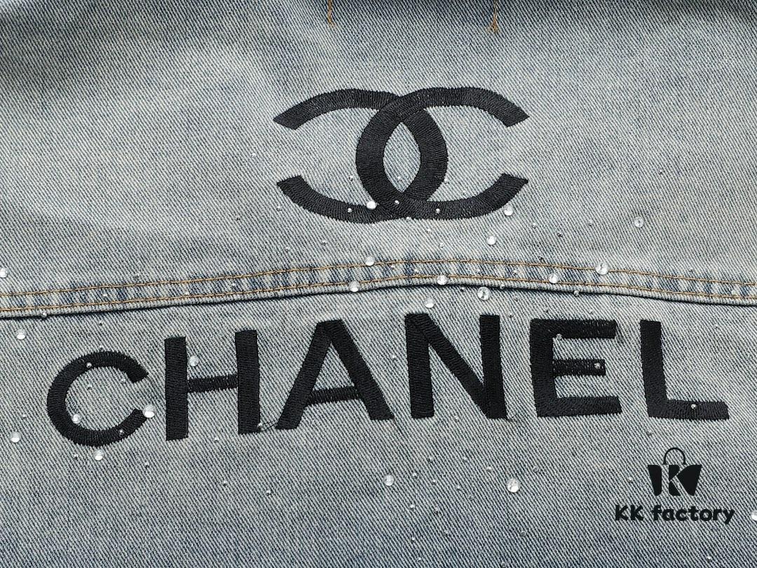 Top Version (Different from Standard Stock) Chanel CHANEL Rhinestone Embellished Denim Jacket Coat