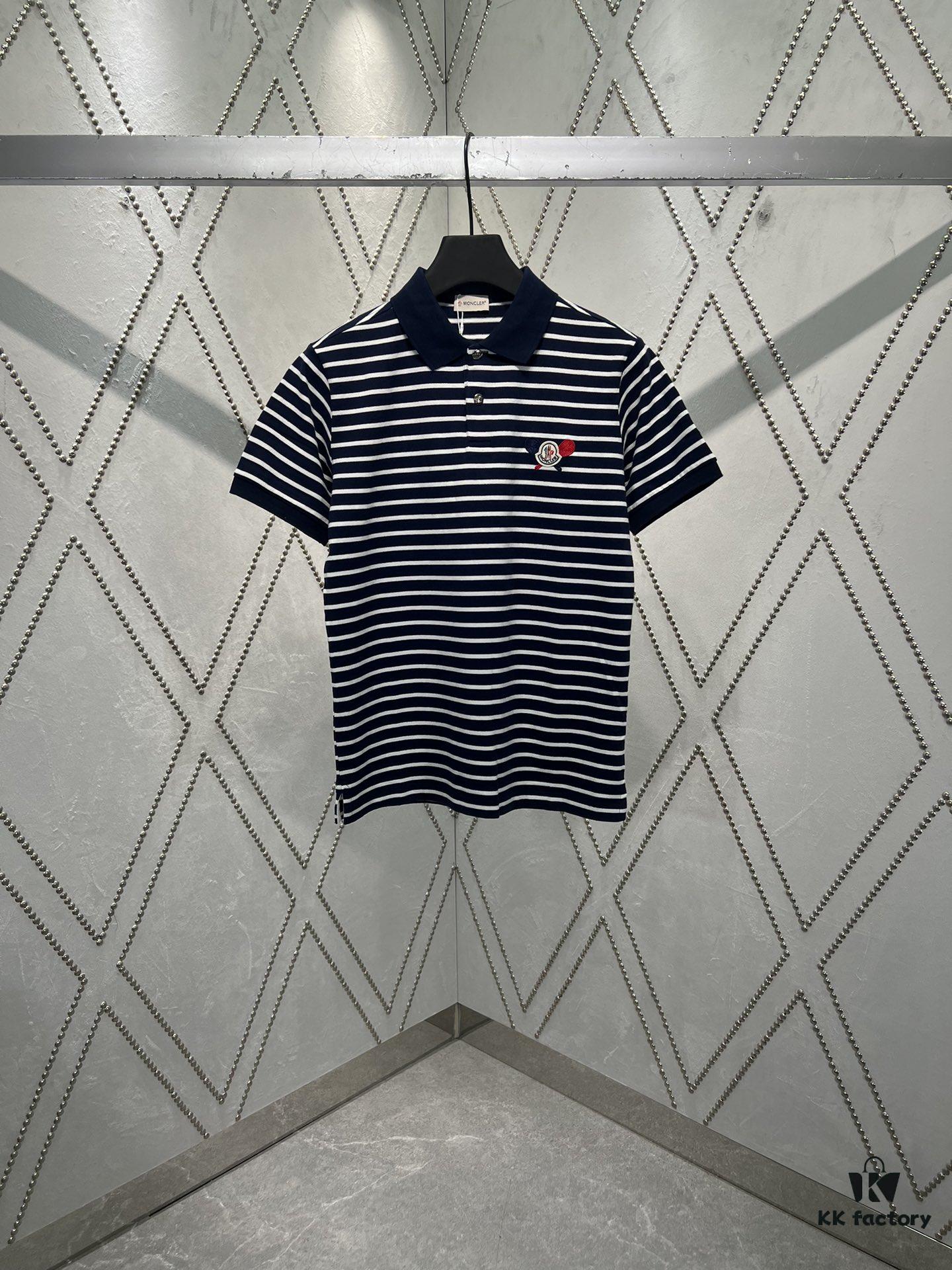 Moncler 25SS New Navy Blue Striped T-Shirt Polo Shirt with Brand Embroidery on Chest, High Version!