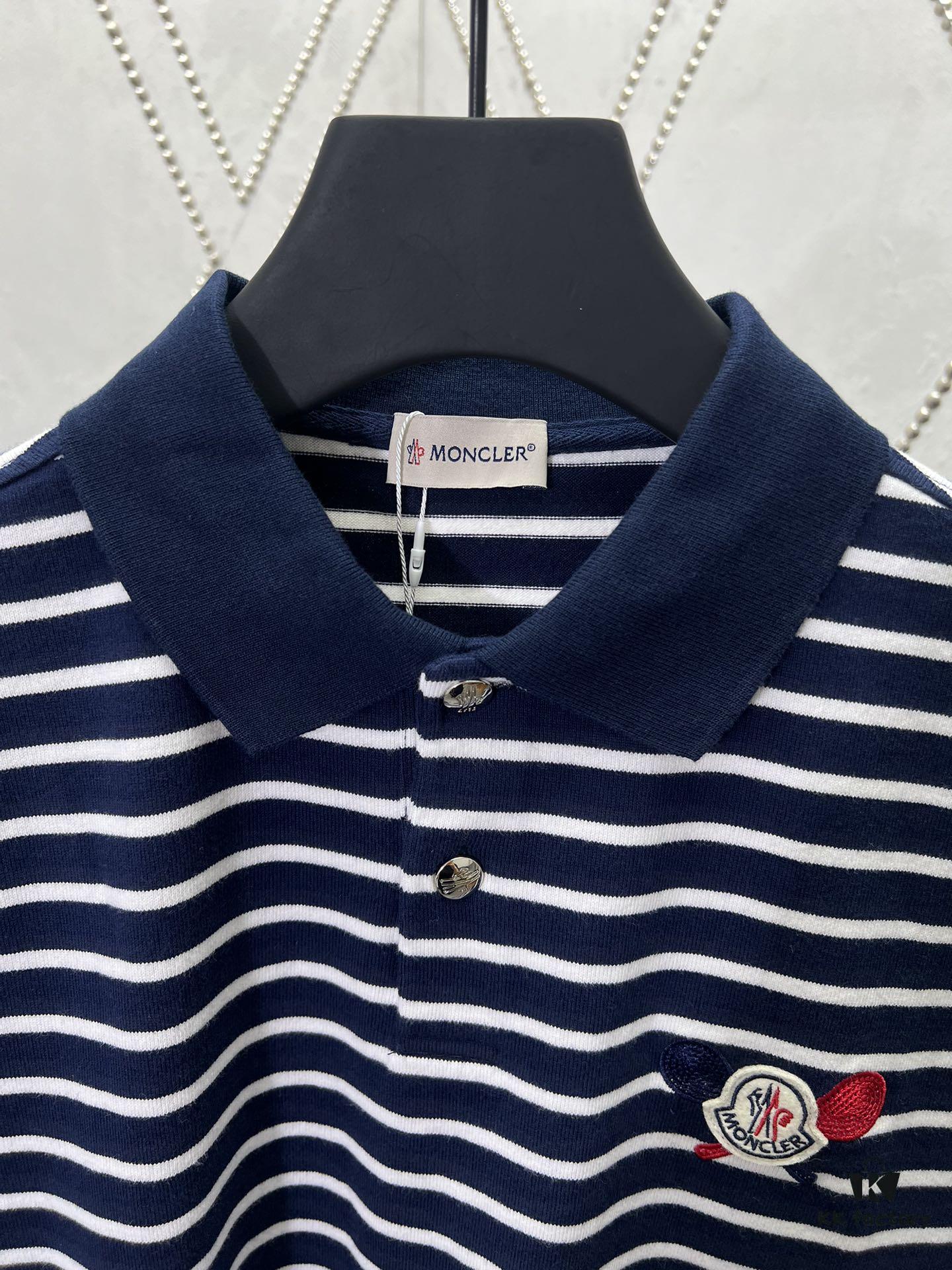 Moncler 25SS New Navy Blue Striped T-Shirt Polo Shirt with Brand Embroidery on Chest, High Version!