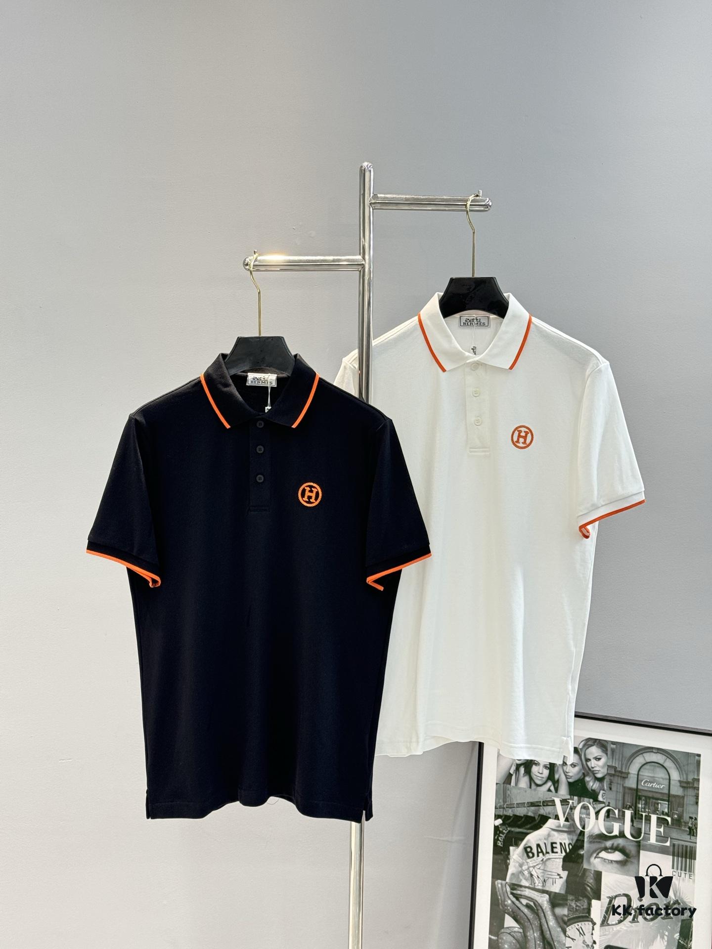 Hermes 2025SS Summer New Color-Block Collar Knit Polo Shirt, 100% Piqué Cotton, Smooth 16-Gauge Knitted Short-Sleeve, Ultra-Soft and Delicate Handfeel, Elegant and Low-Key Luxury