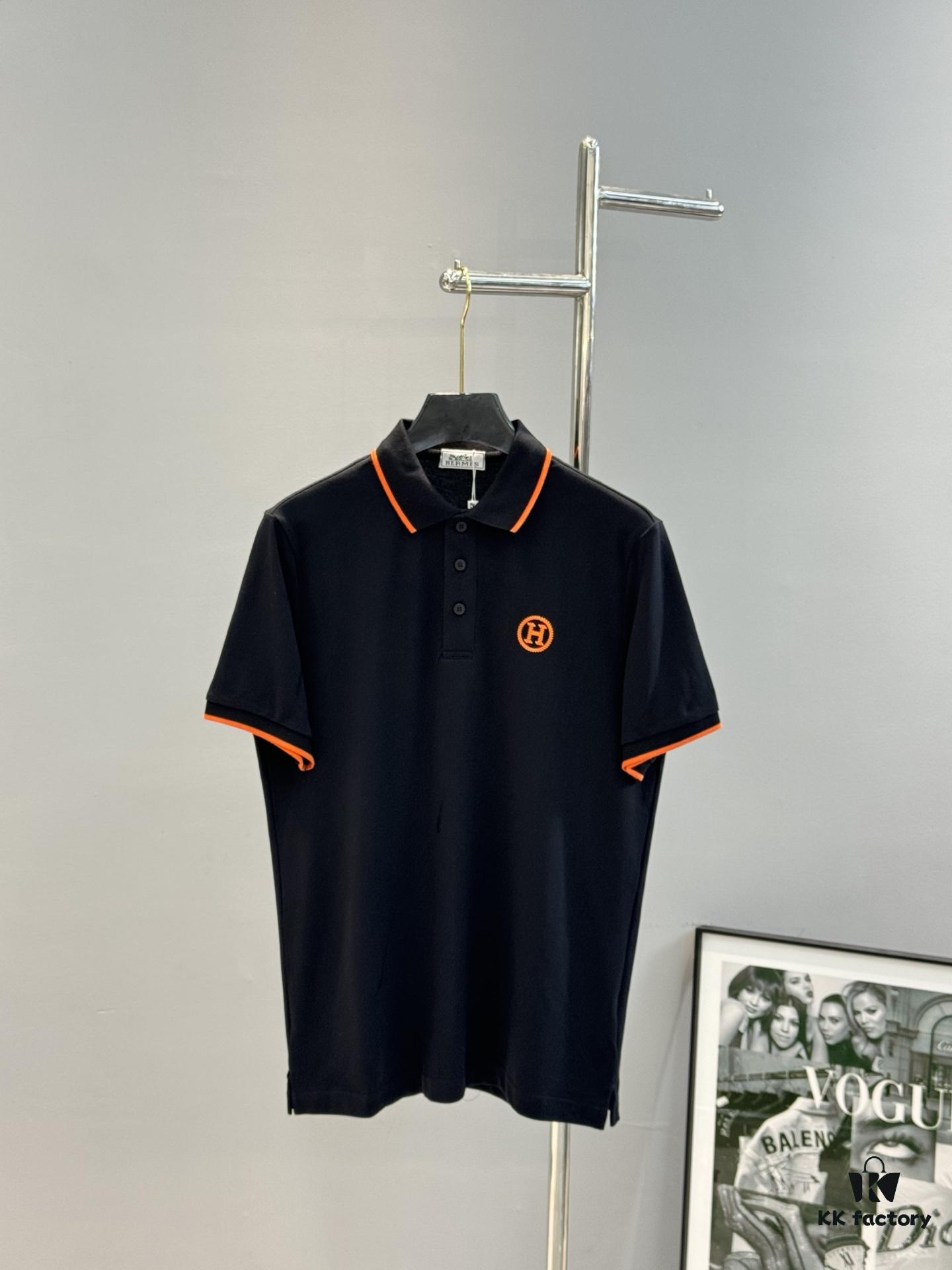 Hermes 2025SS Summer New Color-Block Collar Knit Polo Shirt, 100% Piqué Cotton, Smooth 16-Gauge Knitted Short-Sleeve, Ultra-Soft and Delicate Handfeel, Elegant and Low-Key Luxury