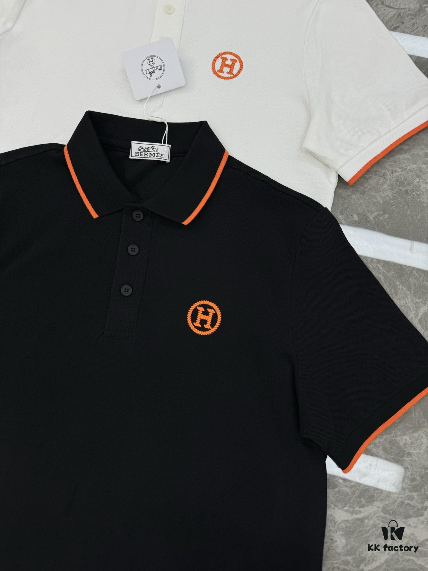 Hermes 2025SS Summer New Color-Block Collar Knit Polo Shirt, 100% Piqué Cotton, Smooth 16-Gauge Knitted Short-Sleeve, Ultra-Soft and Delicate Handfeel, Elegant and Low-Key Luxury