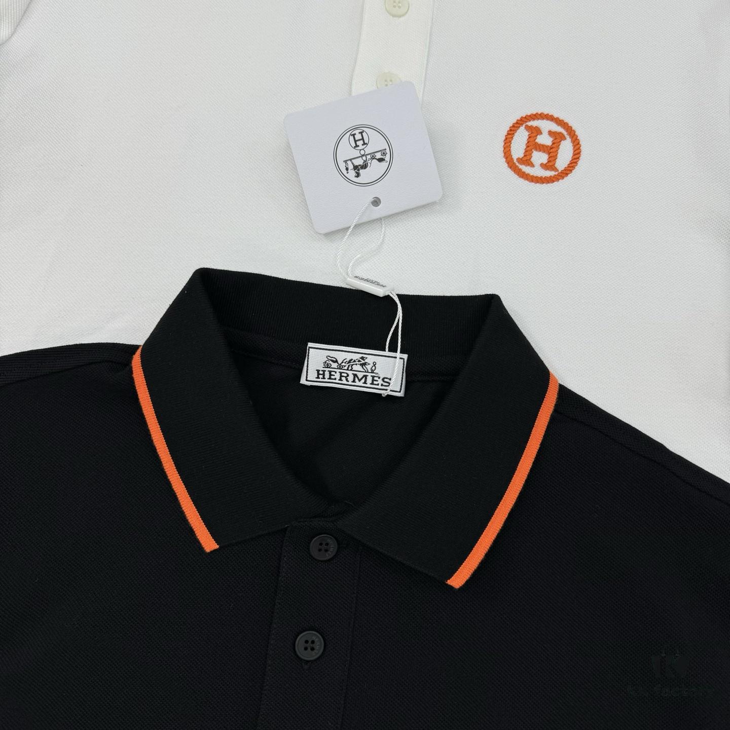 Hermes 2025SS Summer New Color-Block Collar Knit Polo Shirt, 100% Piqué Cotton, Smooth 16-Gauge Knitted Short-Sleeve, Ultra-Soft and Delicate Handfeel, Elegant and Low-Key Luxury