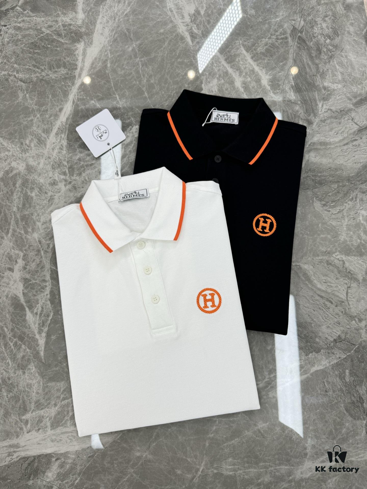 Hermes 2025SS Summer New Color-Block Collar Knit Polo Shirt, 100% Piqué Cotton, Smooth 16-Gauge Knitted Short-Sleeve, Ultra-Soft and Delicate Handfeel, Elegant and Low-Key Luxury