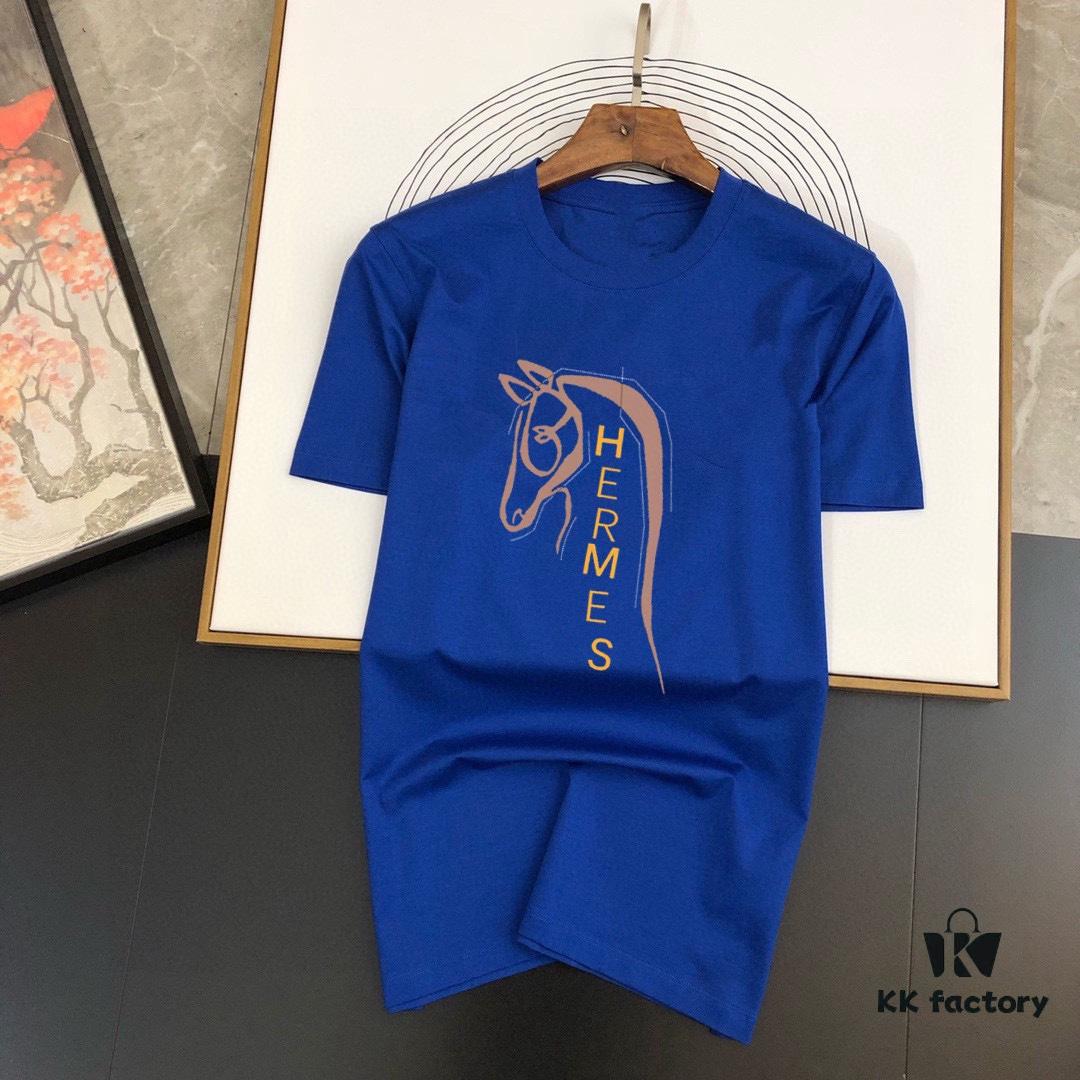 HERMES Men's Casual Short-Sleeve T-Shirt, 2025 Spring/Summer New Arrival, Premium Logo Embroidery, High-End Imported Silk-Cotton Fabric, Stylish and Versatile Design