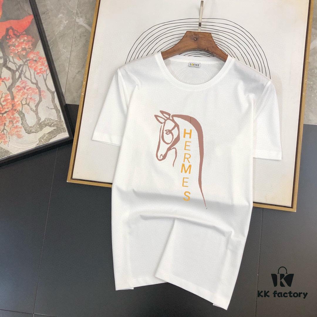 HERMES Men's Casual Short-Sleeve T-Shirt, 2025 Spring/Summer New Arrival, Premium Logo Embroidery, High-End Imported Silk-Cotton Fabric, Stylish and Versatile Design