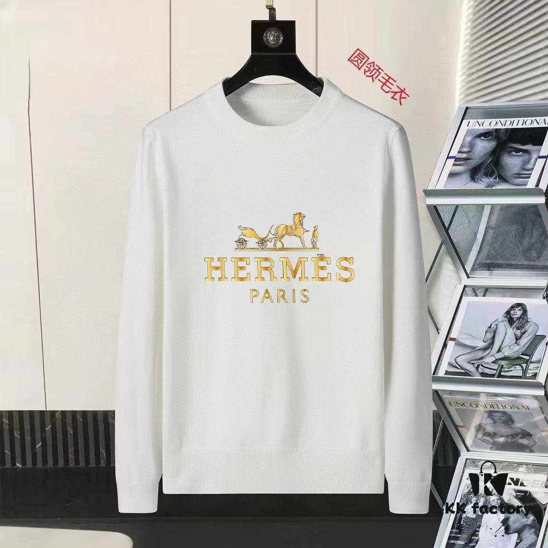 Hermes Men's Autumn-Winter Classic Round-Neck Wool Pullover Sweater, 2025 New Arrival, Slim-Fit Premium Blend Wool Knitwear with Contrasting Logo, Timeless Elegance and Versatility